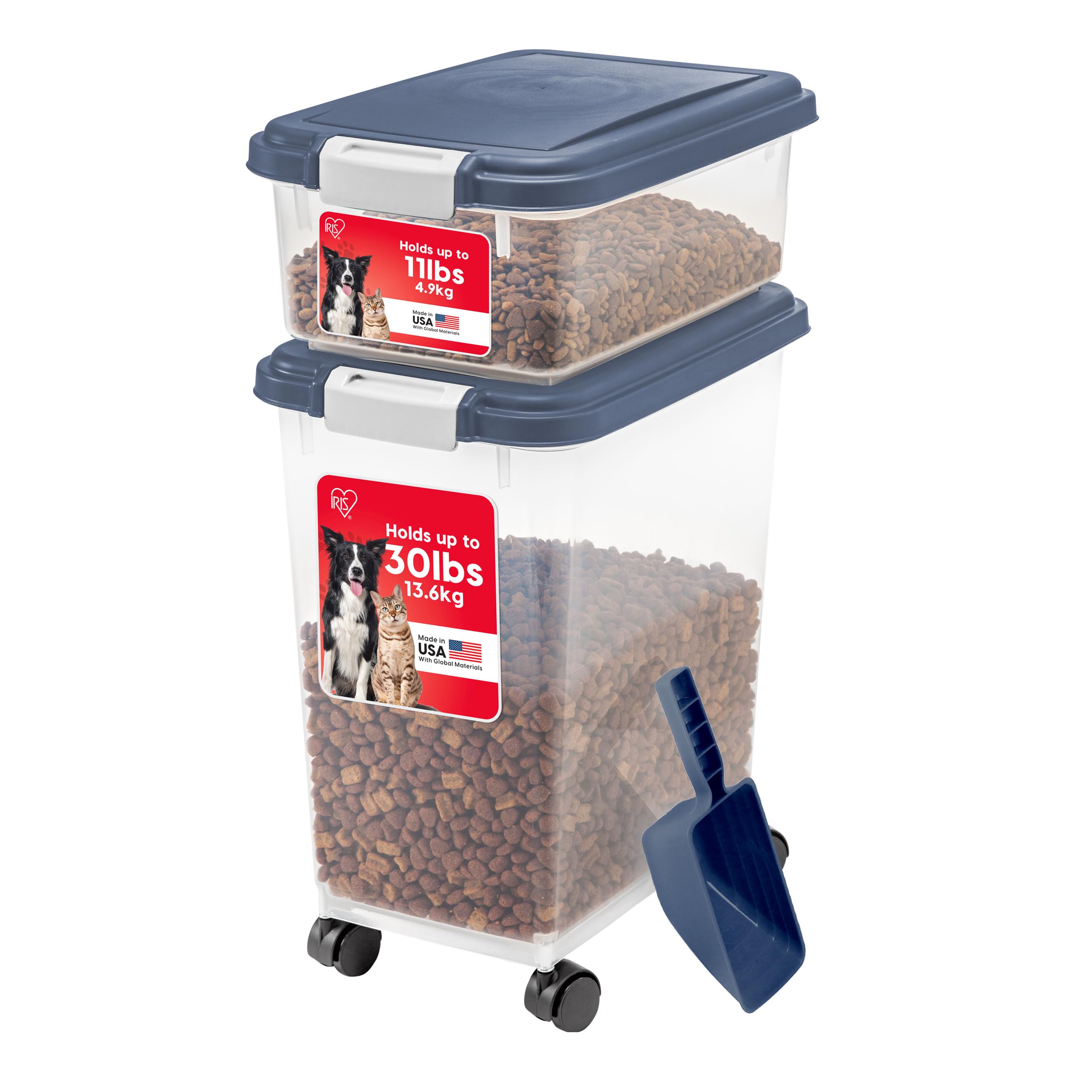 IRIS USA Storage Container, 30 lbs & 11 lbs Combo, Stackable, 2-Cup Scoop, Wheels, Easy Mobility, Gray