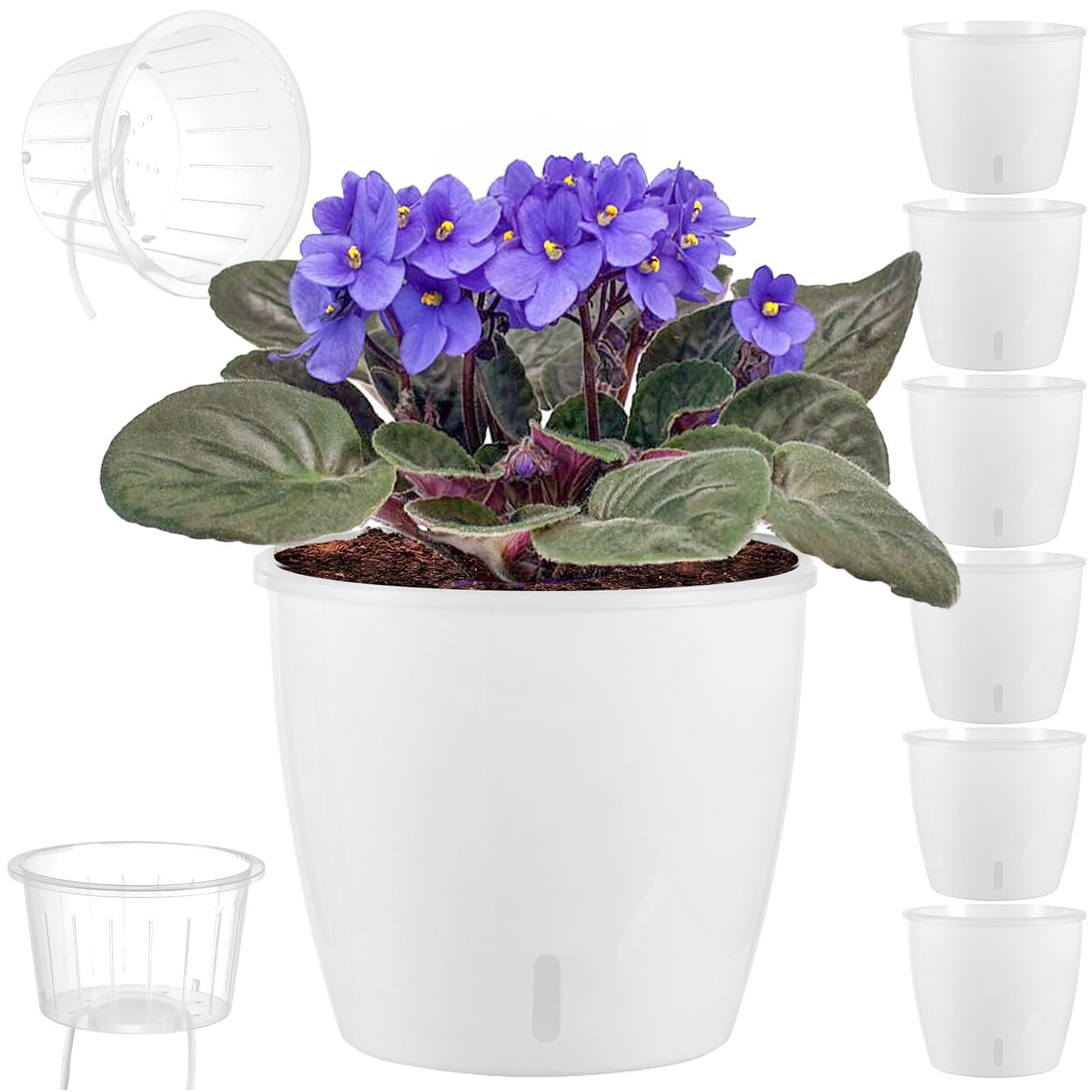 Self Watering Pots for Indoor Plants, 12-Pack 5'' Self Watering Planter with Drainage Holes, Small African Violet Pots with Water Level Indicator, Clear Wick Pot, White/Black