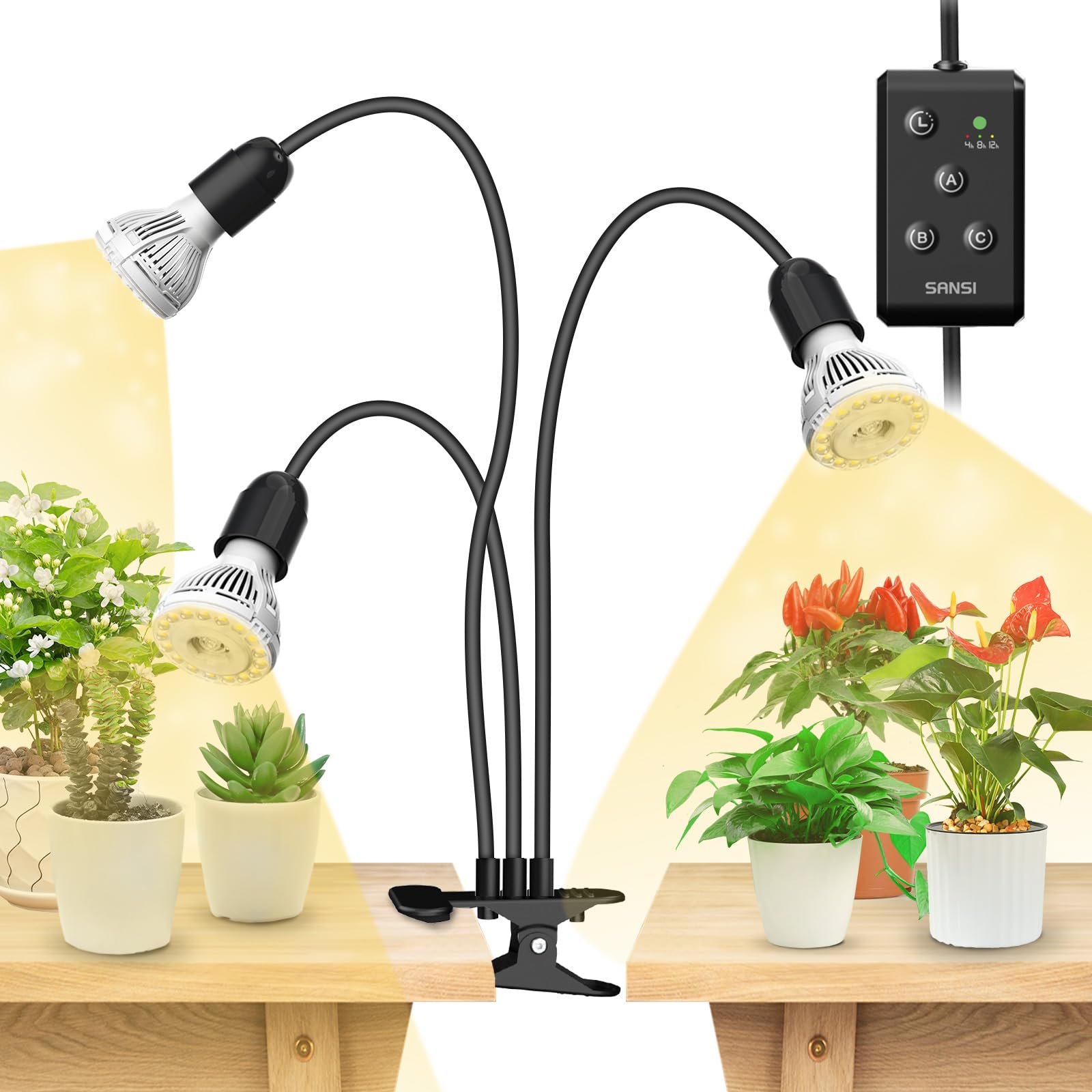 SANSI LED Grow Lights for Indoor Plants, Lifetime Free Bulb Replacement, 300W Full Spectrum Dual Gooseneck Clip Plant Grow Light, Plant Light with Timer 4/8/12 Hrs, High PPFD Growing Power Grow Lamp