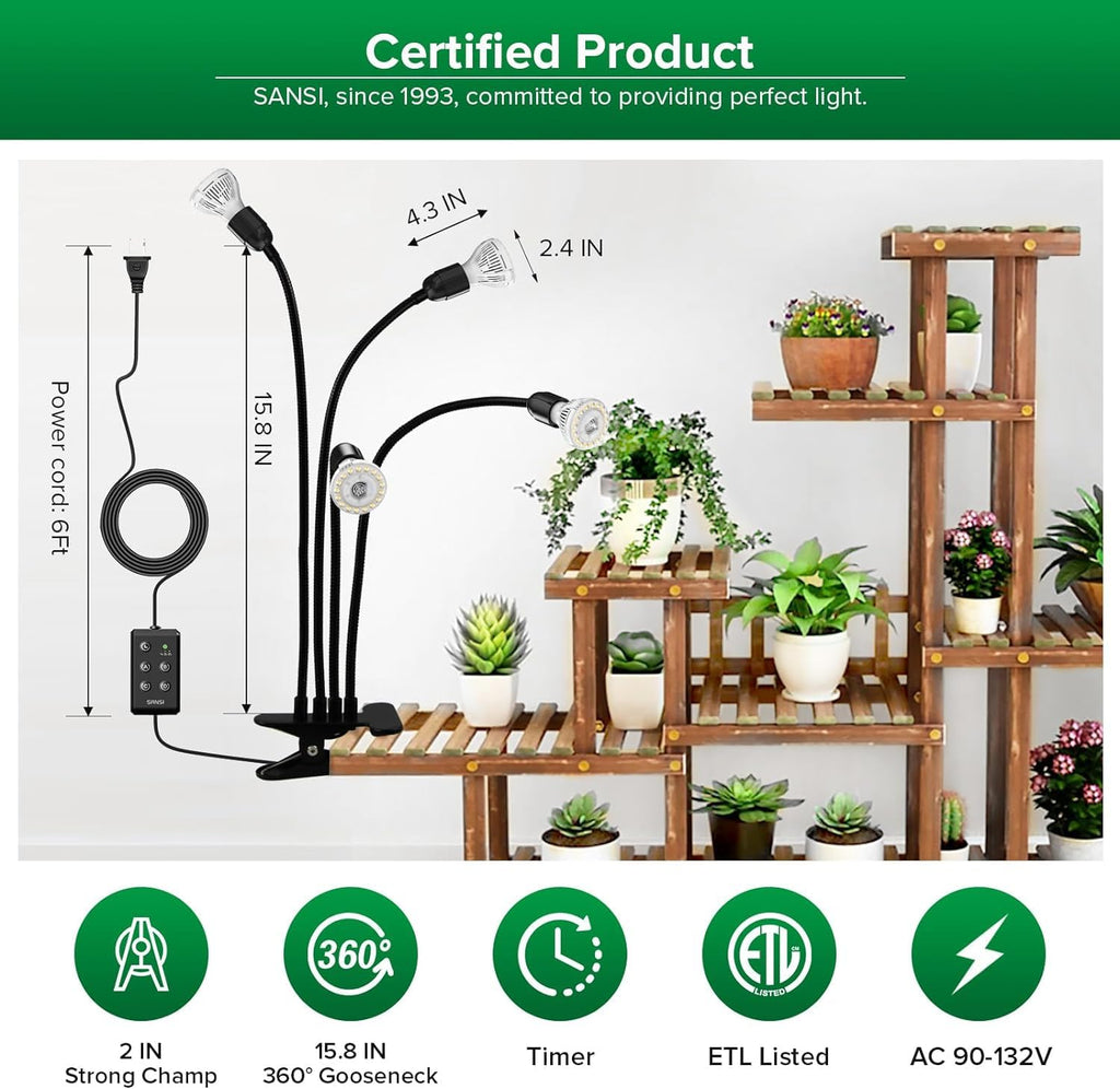 SANSI LED Grow Lights for Indoor Plants, Lifetime Free Bulb Replacement, 300W Full Spectrum Dual Gooseneck Clip Plant Grow Light, Plant Light with Timer 4/8/12 Hrs, High PPFD Growing Power Grow Lamp