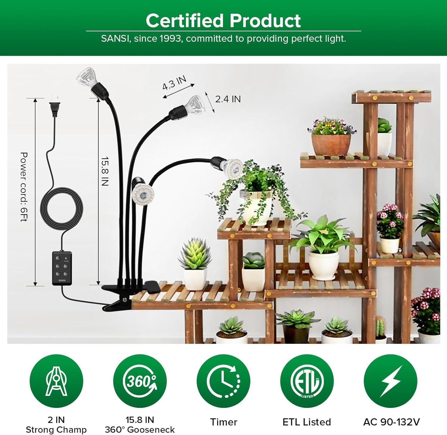 SANSI LED Grow Lights for Indoor Plants, Lifetime Free Bulb Replacement, 300W Full Spectrum Dual Gooseneck Clip Plant Grow Light, Plant Light with Timer 4/8/12 Hrs, High PPFD Growing Power Grow Lamp