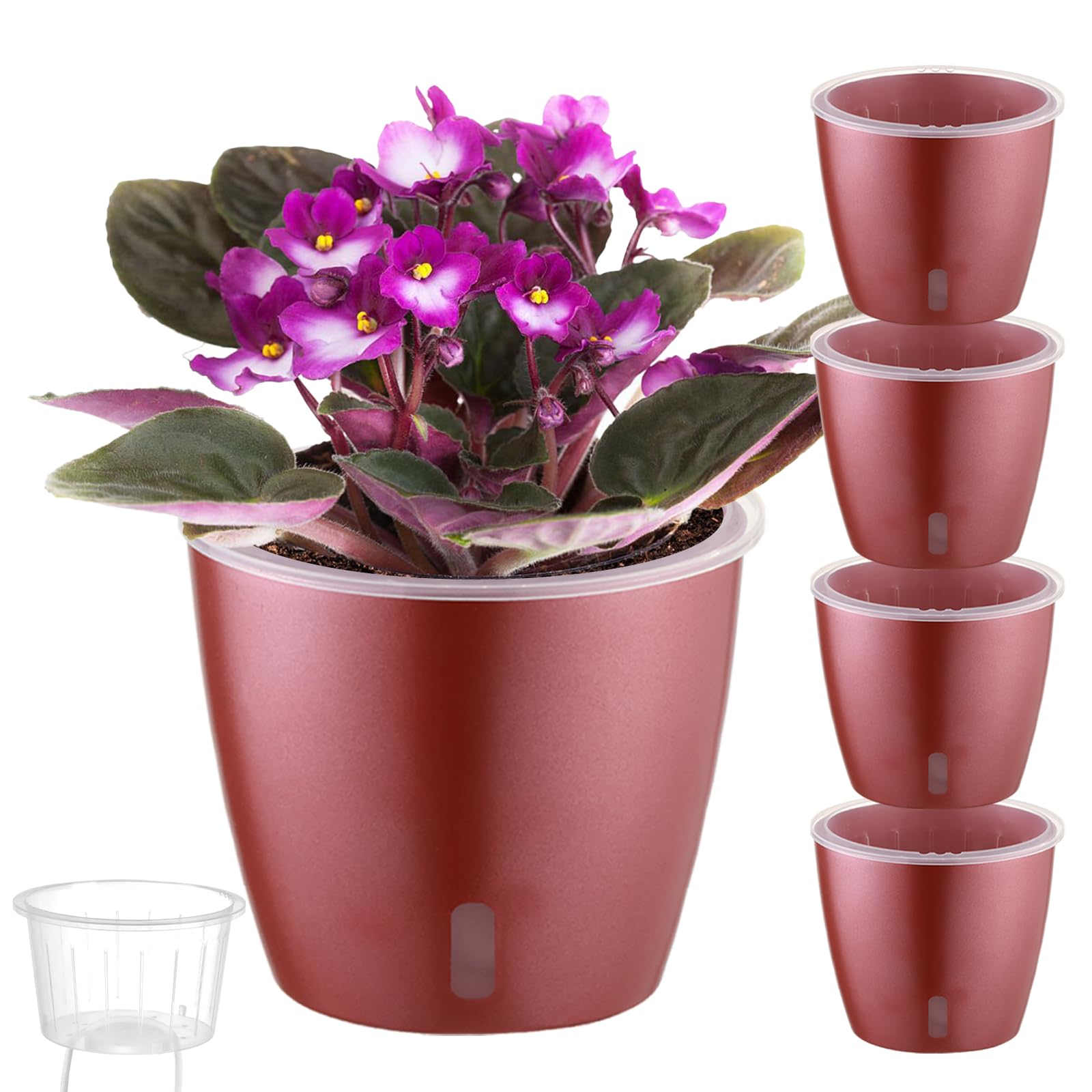 Self Watering Pots for Indoor Plants, 12-Pack 5'' Self Watering Planter with Drainage Holes, Small African Violet Pots with Water Level Indicator, Clear Wick Pot, White/Black