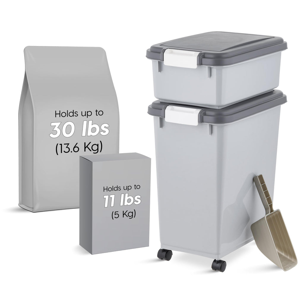 IRIS USA Storage Container, 30 lbs & 11 lbs Combo, Stackable, 2-Cup Scoop, Wheels, Easy Mobility, Gray