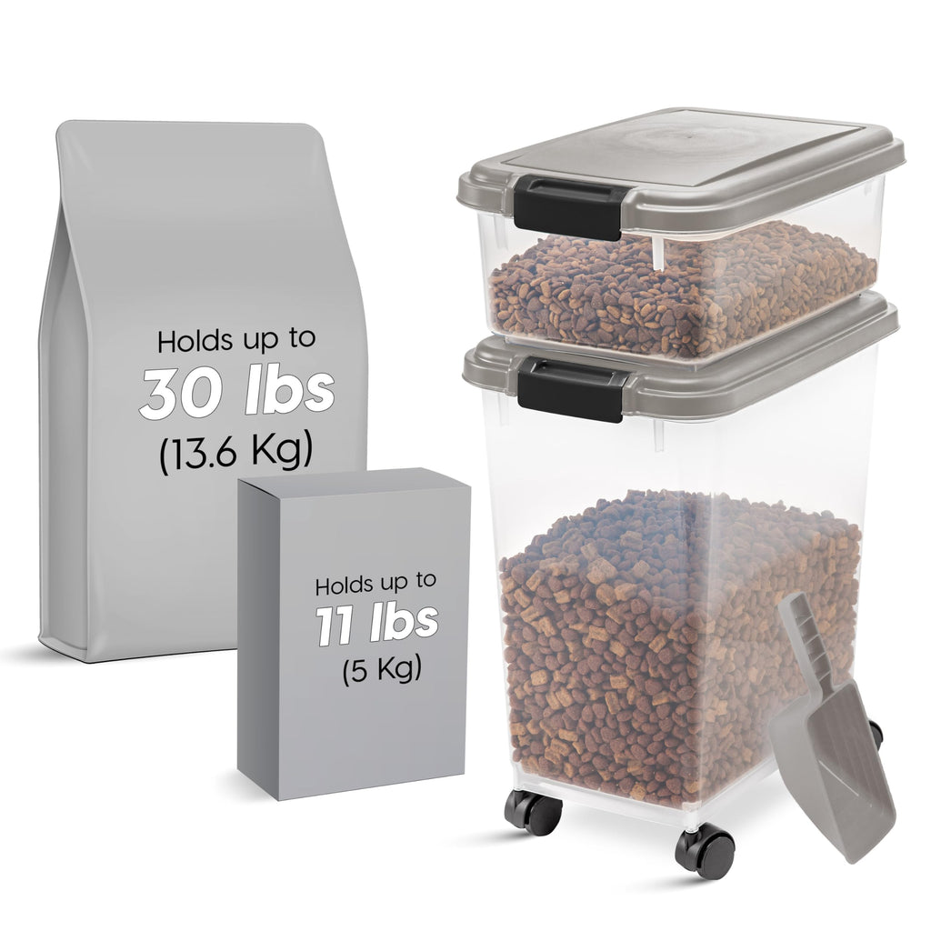IRIS USA Storage Container, 30 lbs & 11 lbs Combo, Stackable, 2-Cup Scoop, Wheels, Easy Mobility, Gray
