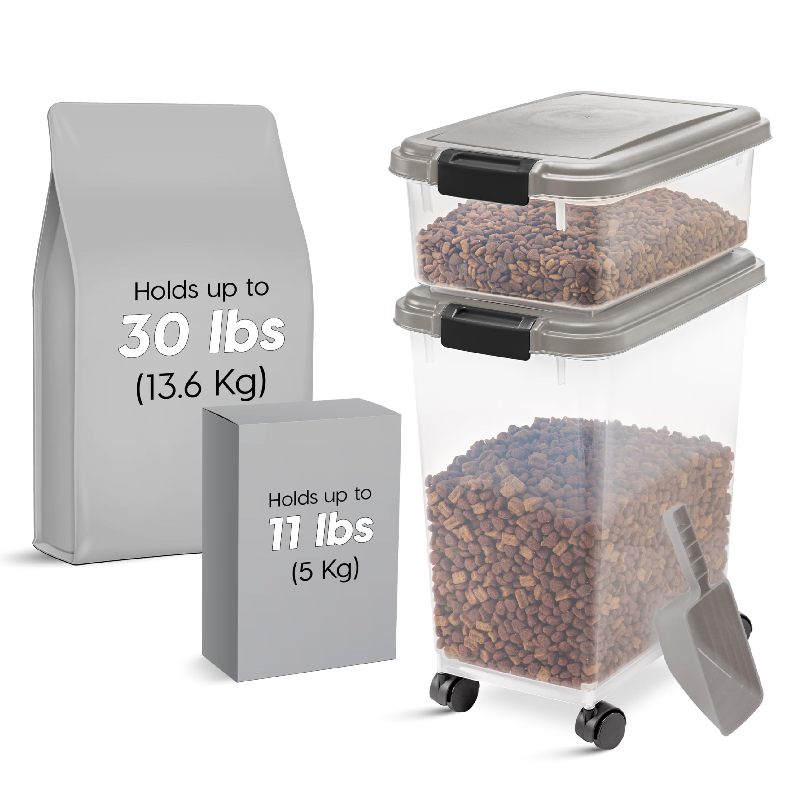 IRIS USA Storage Container, 30 lbs & 11 lbs Combo, Stackable, 2-Cup Scoop, Wheels, Easy Mobility, Gray
