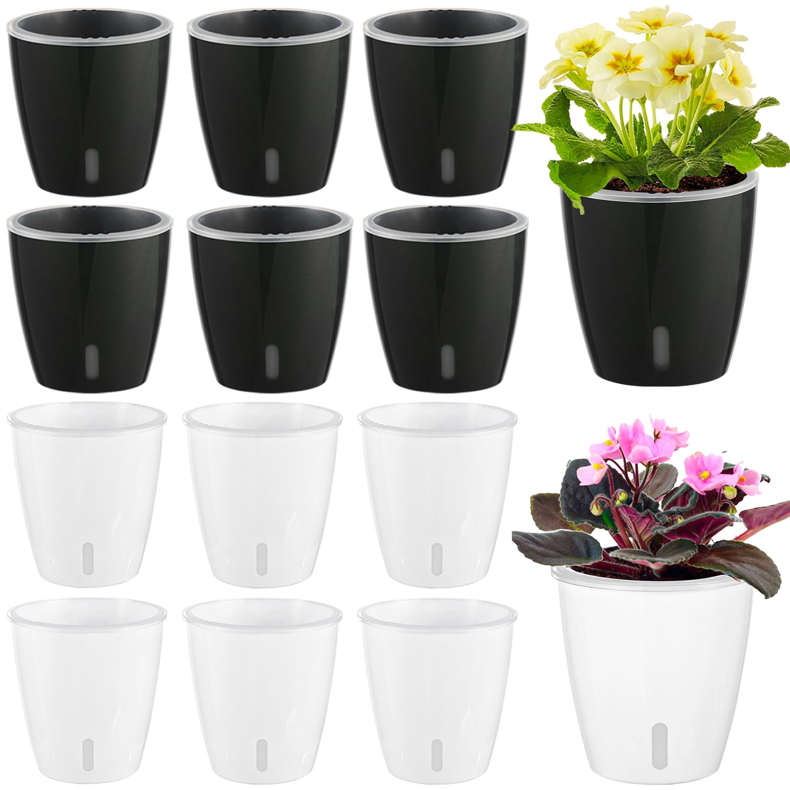 Self Watering Pots for Indoor Plants, 12-Pack 5'' Self Watering Planter with Drainage Holes, Small African Violet Pots with Water Level Indicator, Clear Wick Pot, White/Black
