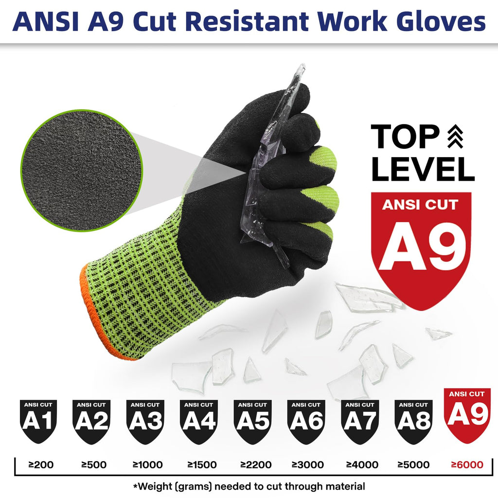 Schwer ProGuard High Level Cut Resistant Work Gloves for Extreme Protection, ANSI A9 Cut Gloves with Reinforced Thumb, Non Slip, Breathable, Durable, Touch-screen, Black 1 Pair（L 3326