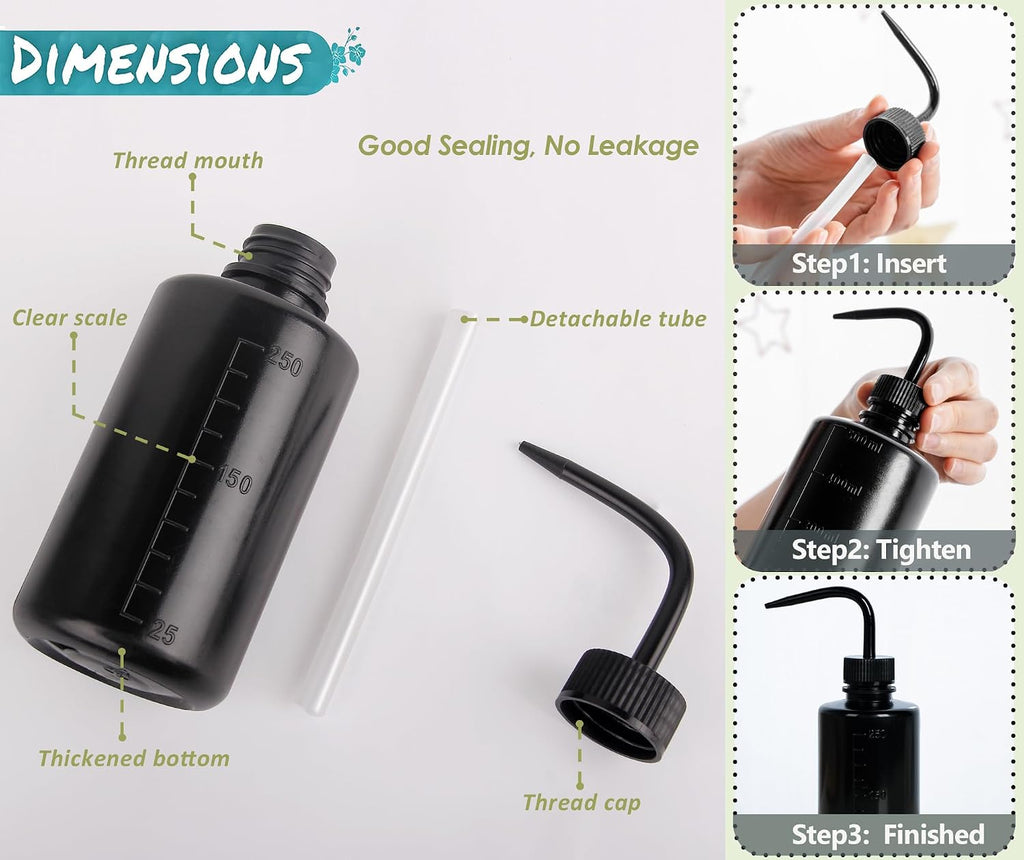 Melphoe Tattoo Wash Bottle Squeeze, 2Pcs 250ml Water Squirt Bottle Succulent Watering, Safety Rinse Watering Tools, Tattoo Supplies, Irrigation Sprinkling Can Wash Plant (Black)