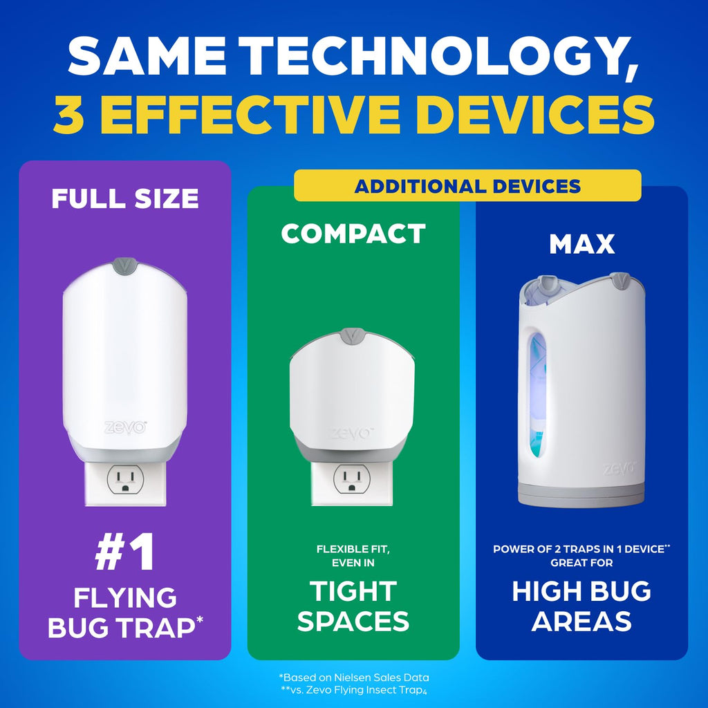 Zevo Flying Insect Trap & 3 Refill Cartridges - Plug in Fly Trap & Indoor Bug Catcher for Gnats, House & Fruit Flies - Blue & UV Light Technology, Mess-Free Alternative to Bug Zapper