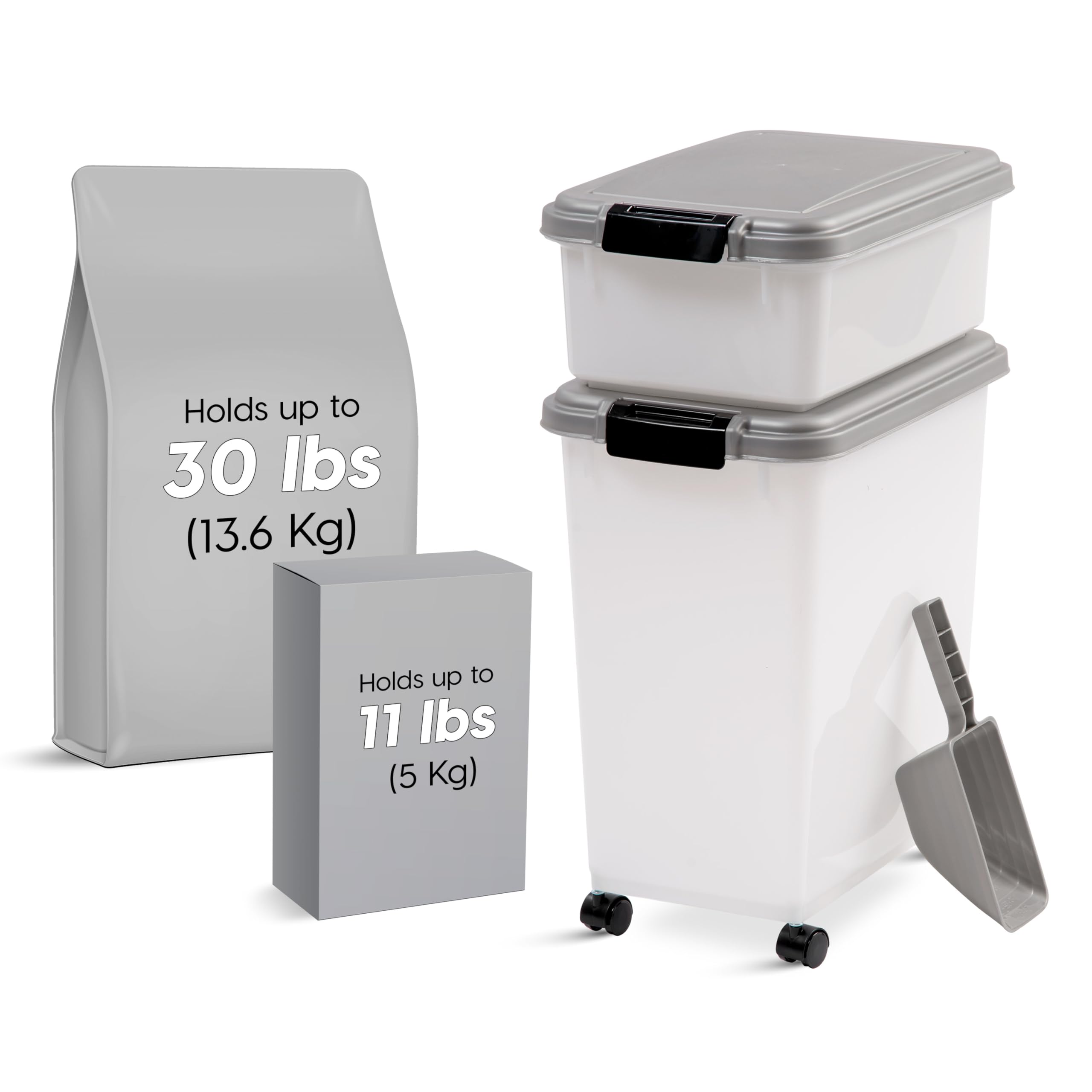 IRIS USA Storage Container, 30 lbs & 11 lbs Combo, Stackable, 2-Cup Scoop, Wheels, Easy Mobility, Gray