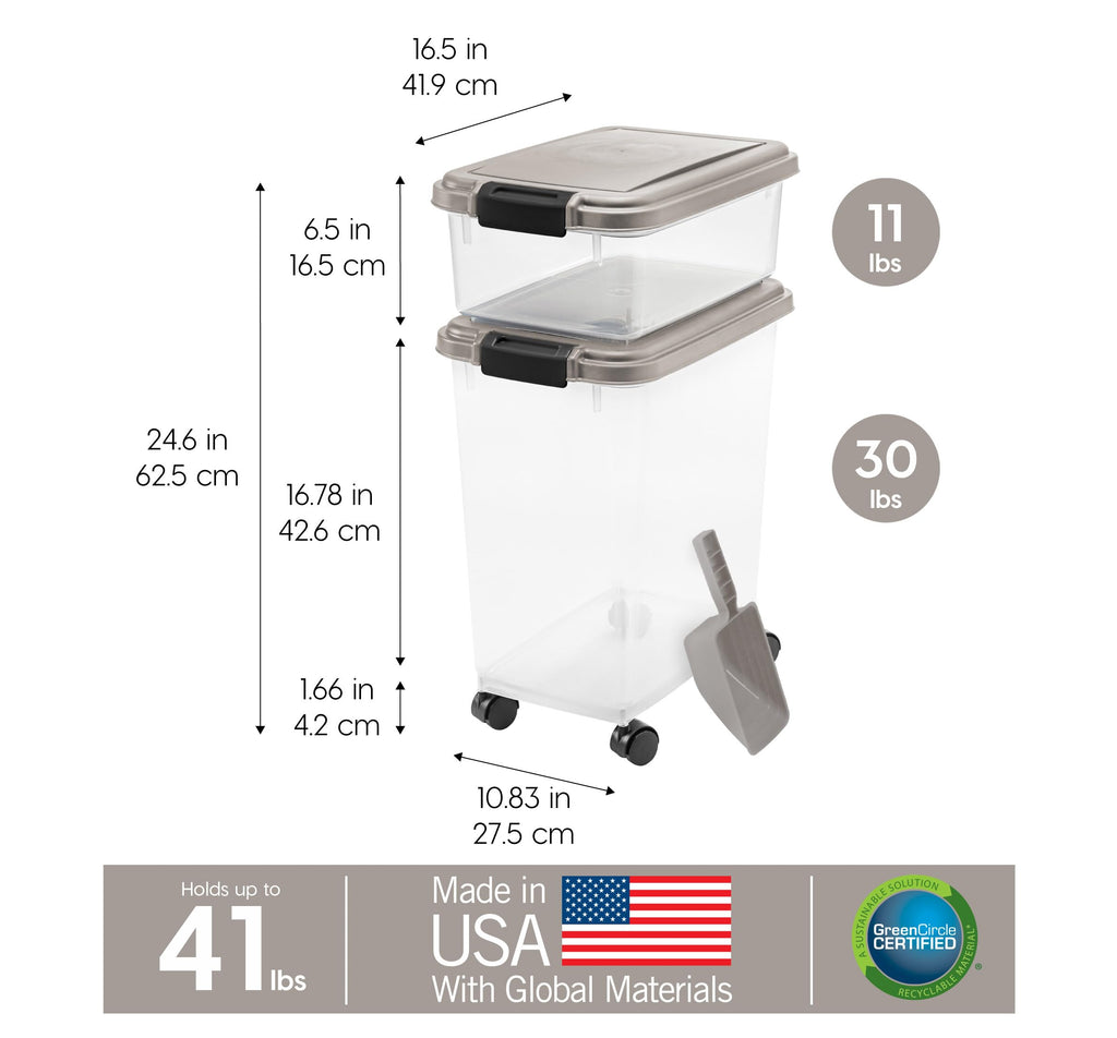IRIS USA Storage Container, 30 lbs & 11 lbs Combo, Stackable, 2-Cup Scoop, Wheels, Easy Mobility, Gray