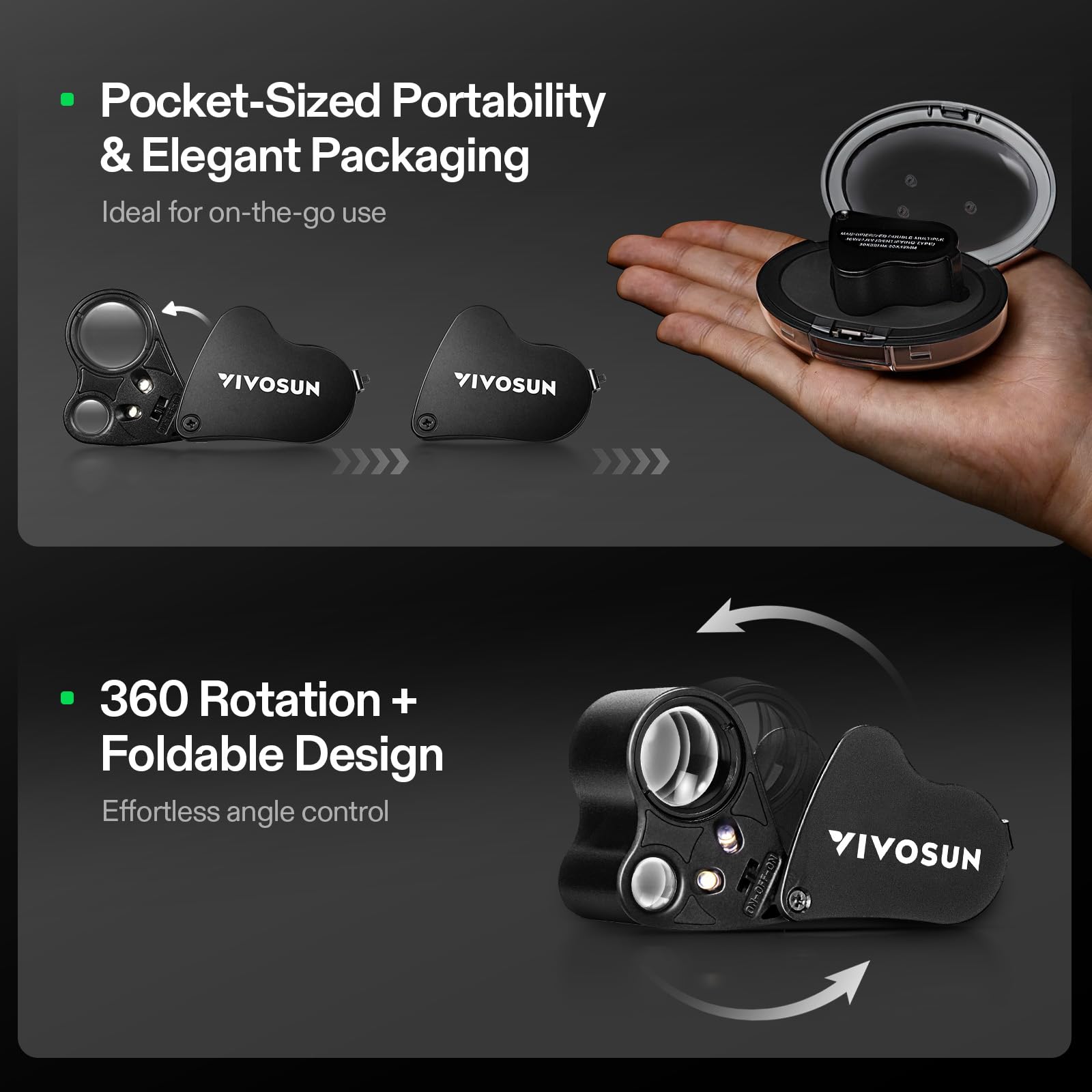 VIVOSUN 2-Pack Jewelry Loupe, 30X and 60X Foldable Magnifier UV/LED Lights, Desktop Loupe with LED & UV Lights for Jewelry, Gems, Watches, Coins, and Stamps, Black