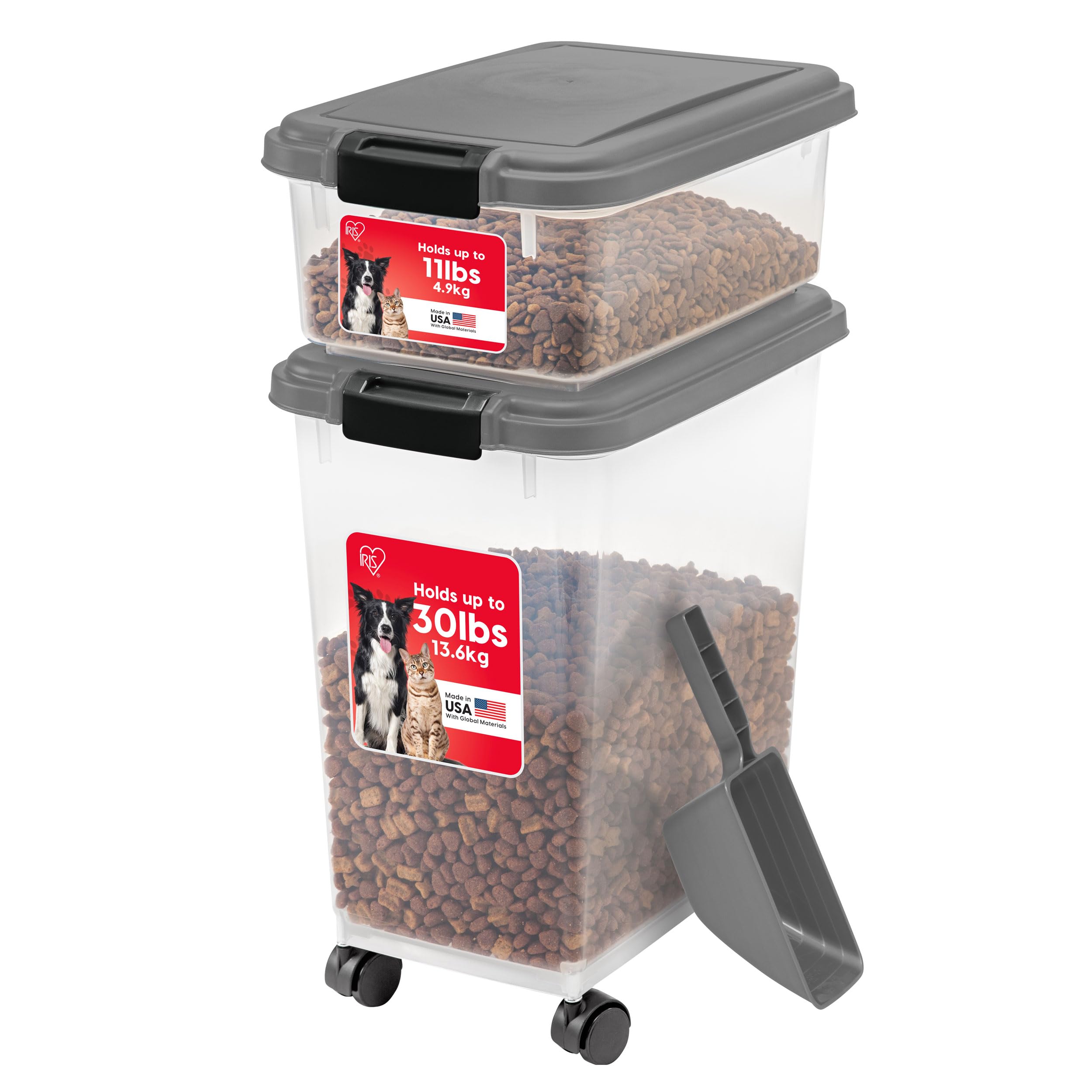 IRIS USA Storage Container, 30 lbs & 11 lbs Combo, Stackable, 2-Cup Scoop, Wheels, Easy Mobility, Gray
