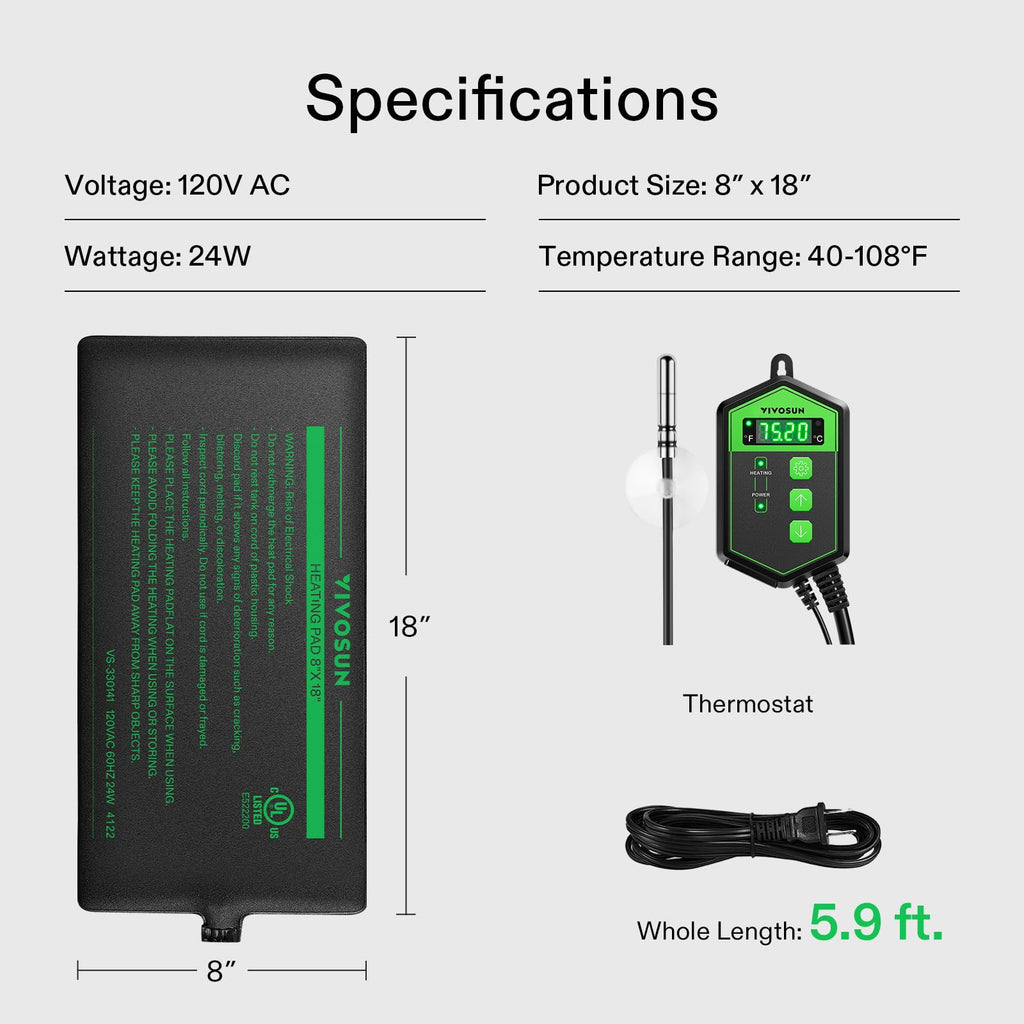VIVOSUN Reptile Heating Pad 6x8 Inch with Thermostat Combo Under Tank Terrarium Heating Mat for Turtles, Lizards, Frogs, and Other Reptiles
