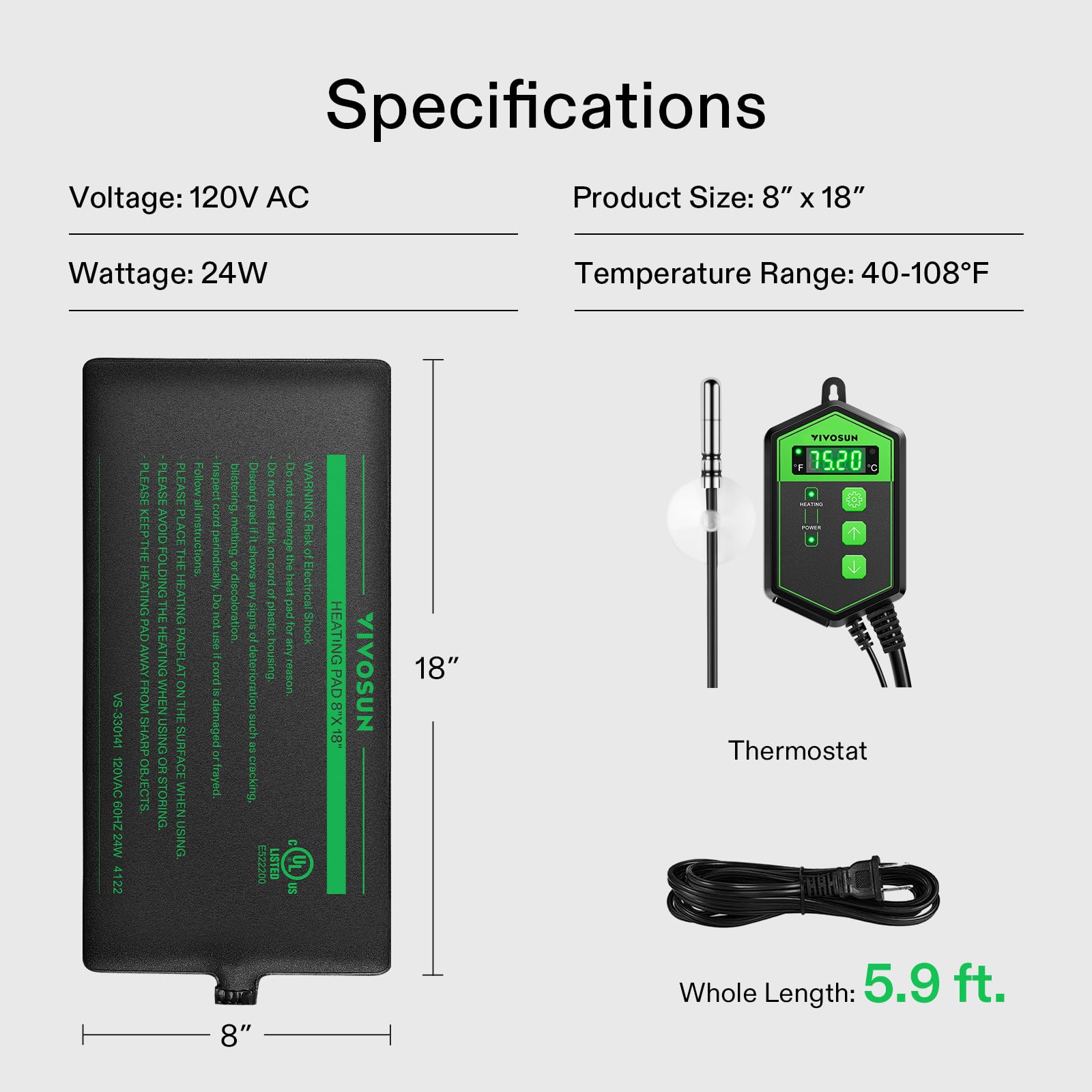 VIVOSUN Reptile Heating Pad 6x8 Inch with Thermostat Combo Under Tank Terrarium Heating Mat for Turtles, Lizards, Frogs, and Other Reptiles