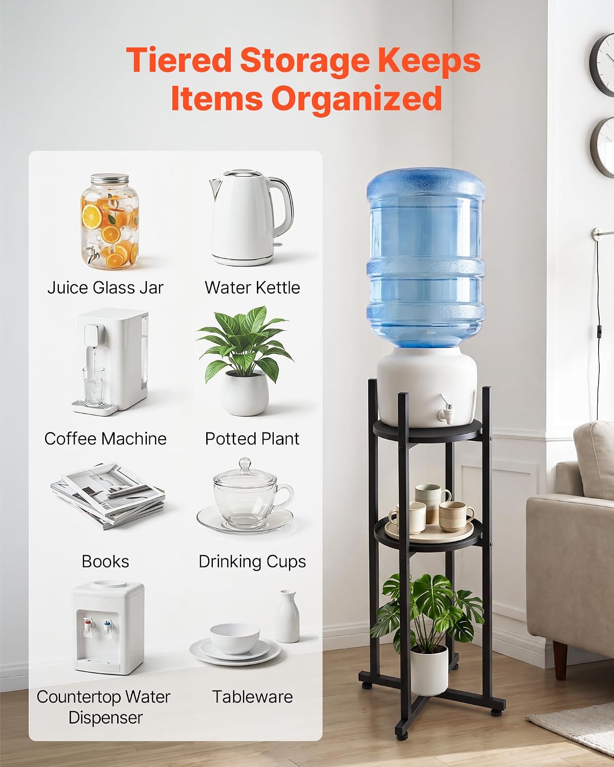 VEVOR Water Dispenser Stand, 5 Gallon Water Jug Stand, Heavy Duty Jug Rack Organizer with Detachable Storage Shelf, Handle, Cross-Shaped Stable Base, for Kitchen, Office, Living Room, Gym, Black