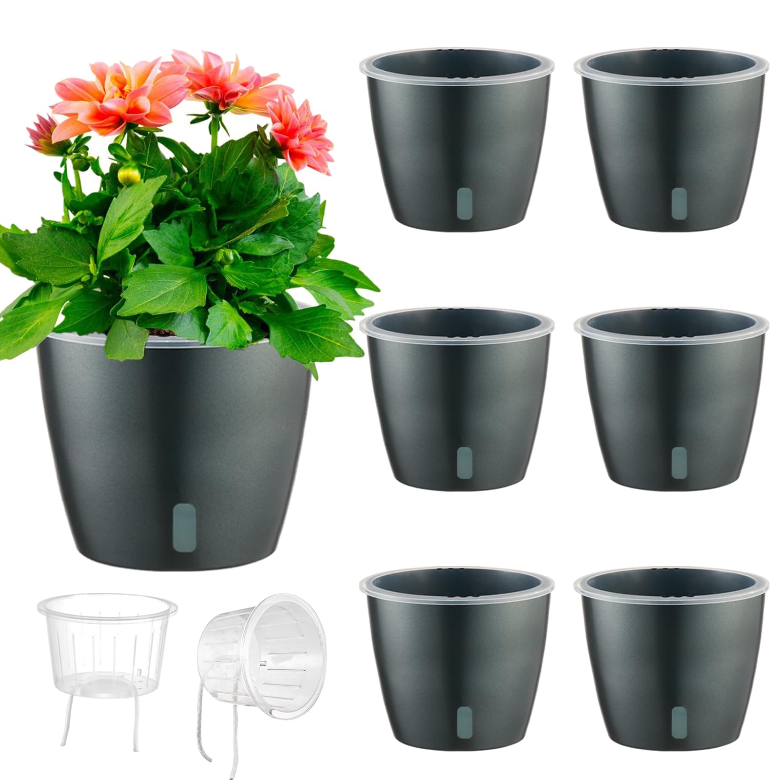 Self Watering Pots for Indoor Plants, 12-Pack 5'' Self Watering Planter with Drainage Holes, Small African Violet Pots with Water Level Indicator, Clear Wick Pot, White/Black
