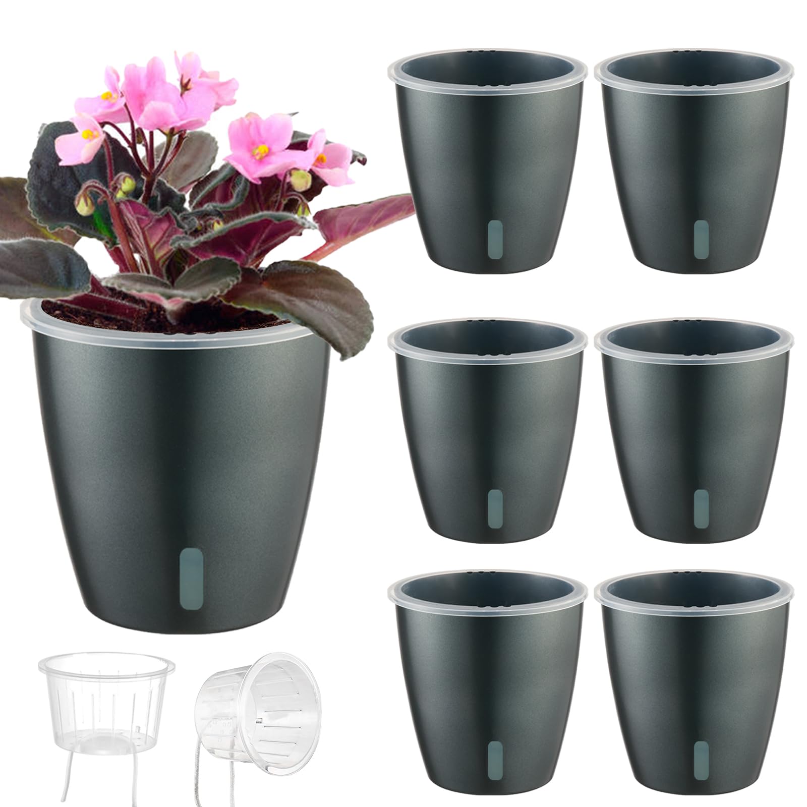 Self Watering Pots for Indoor Plants, 12-Pack 5'' Self Watering Planter with Drainage Holes, Small African Violet Pots with Water Level Indicator, Clear Wick Pot, White/Black