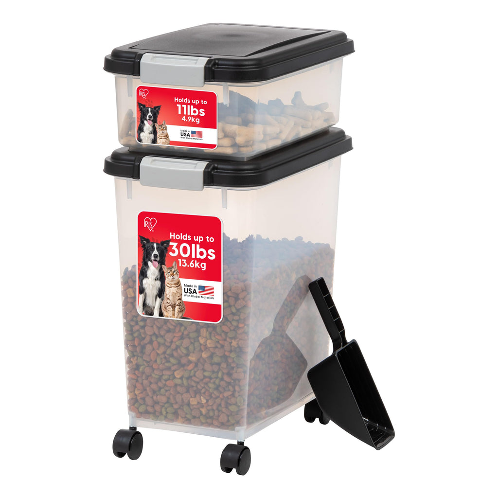 IRIS USA Storage Container, 30 lbs & 11 lbs Combo, Stackable, 2-Cup Scoop, Wheels, Easy Mobility, Gray