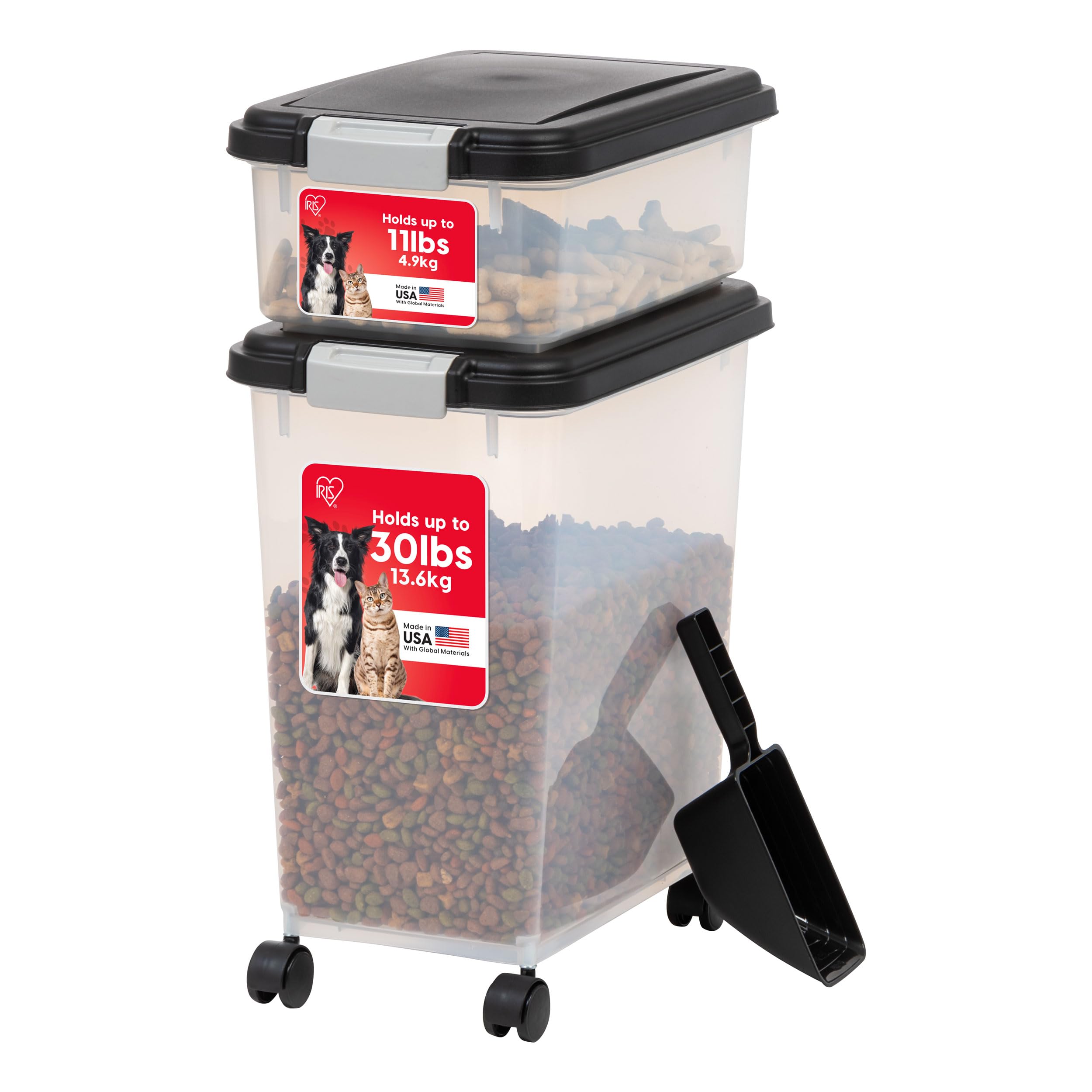 IRIS USA Storage Container, 30 lbs & 11 lbs Combo, Stackable, 2-Cup Scoop, Wheels, Easy Mobility, Gray