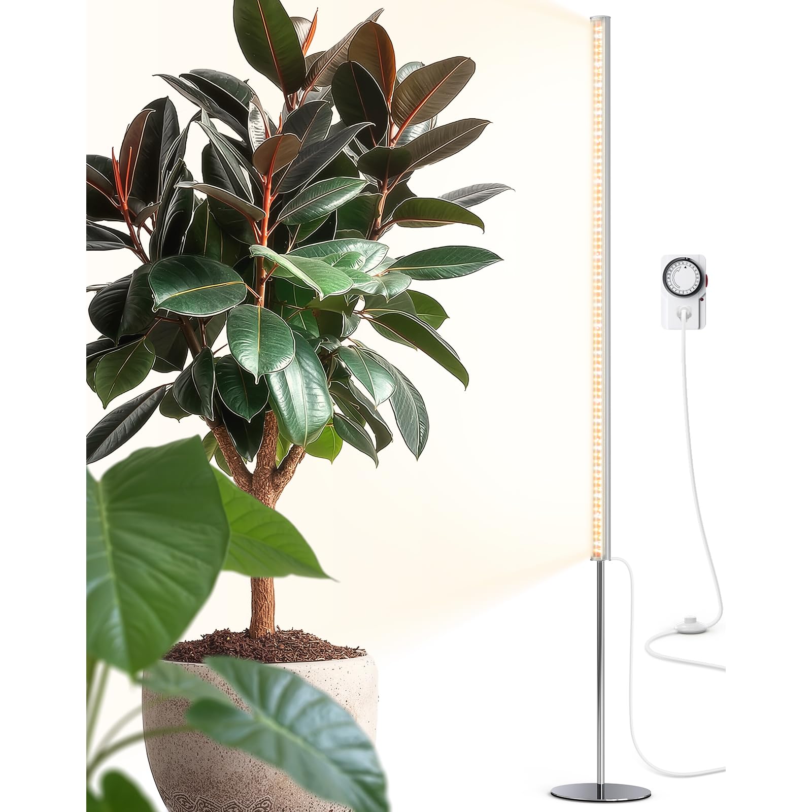 Barrina T1S Standing Grow Light for Indoor Plants with Timer, 65W 5000K High PPFD Tera Series Vertical Full Spectrum Grow Lights Adjustable Height 5FT-5.6FT, Foot Switch, Non-Glare Design, Silver