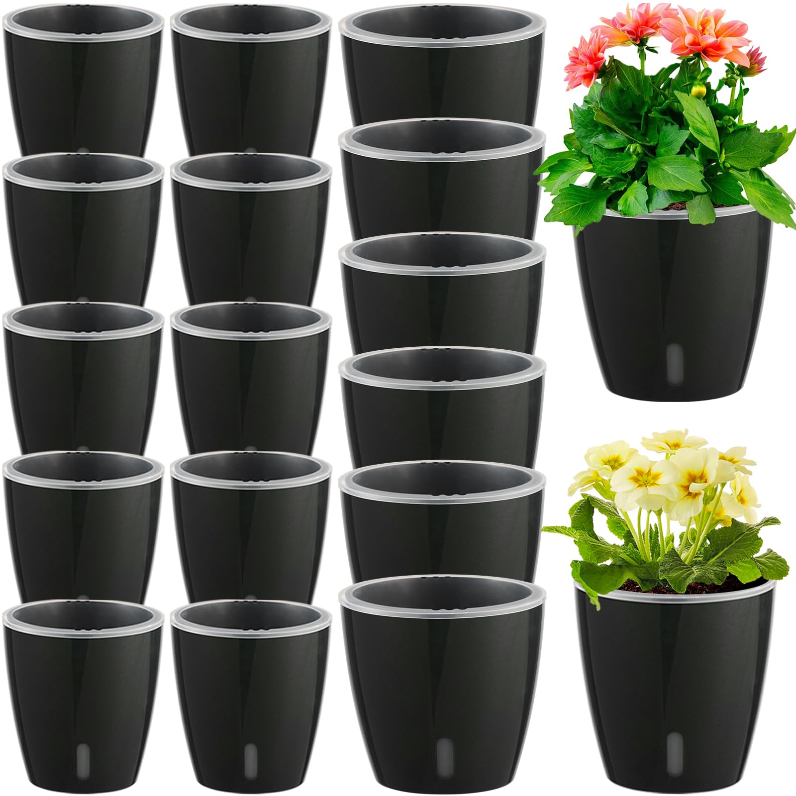 Self Watering Pots for Indoor Plants, 12-Pack 5'' Self Watering Planter with Drainage Holes, Small African Violet Pots with Water Level Indicator, Clear Wick Pot, White/Black