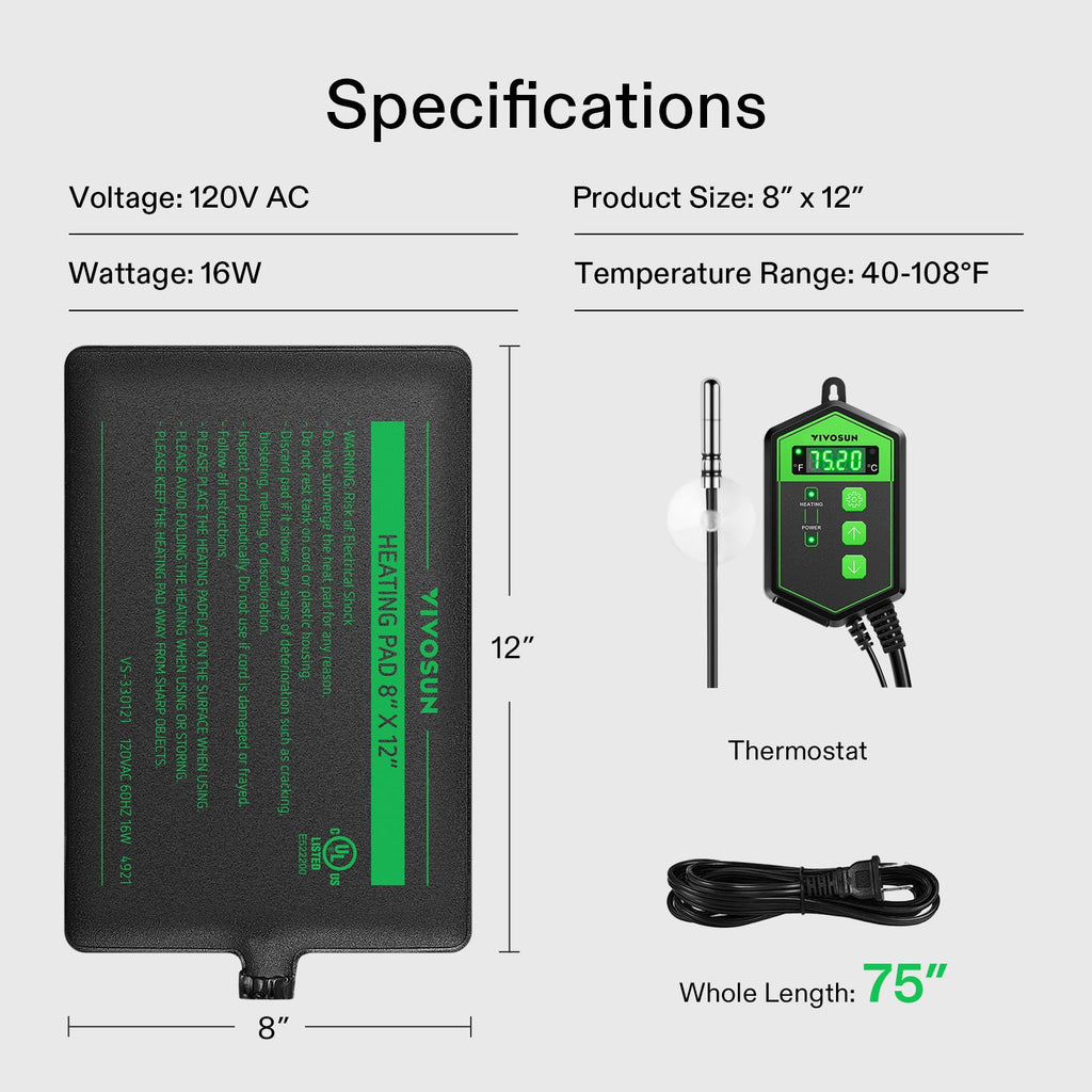 VIVOSUN Reptile Heating Pad 6x8 Inch with Thermostat Combo Under Tank Terrarium Heating Mat for Turtles, Lizards, Frogs, and Other Reptiles