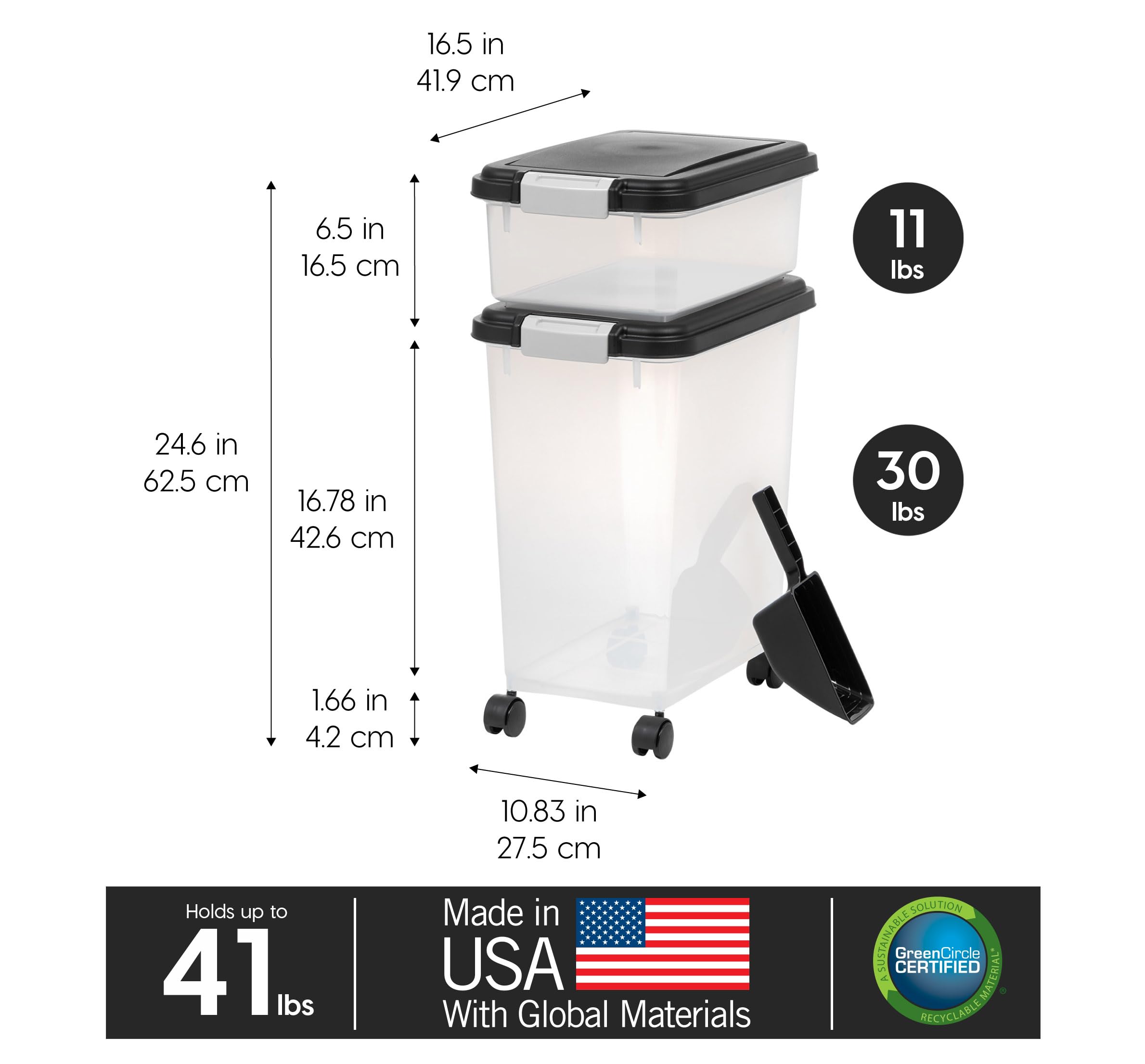 IRIS USA Storage Container, 30 lbs & 11 lbs Combo, Stackable, 2-Cup Scoop, Wheels, Easy Mobility, Gray