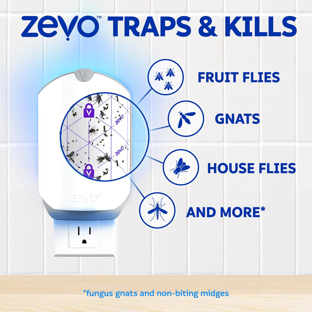 Zevo Flying Insect Trap & 3 Refill Cartridges - Plug in Fly Trap & Indoor Bug Catcher for Gnats, House & Fruit Flies - Blue & UV Light Technology, Mess-Free Alternative to Bug Zapper