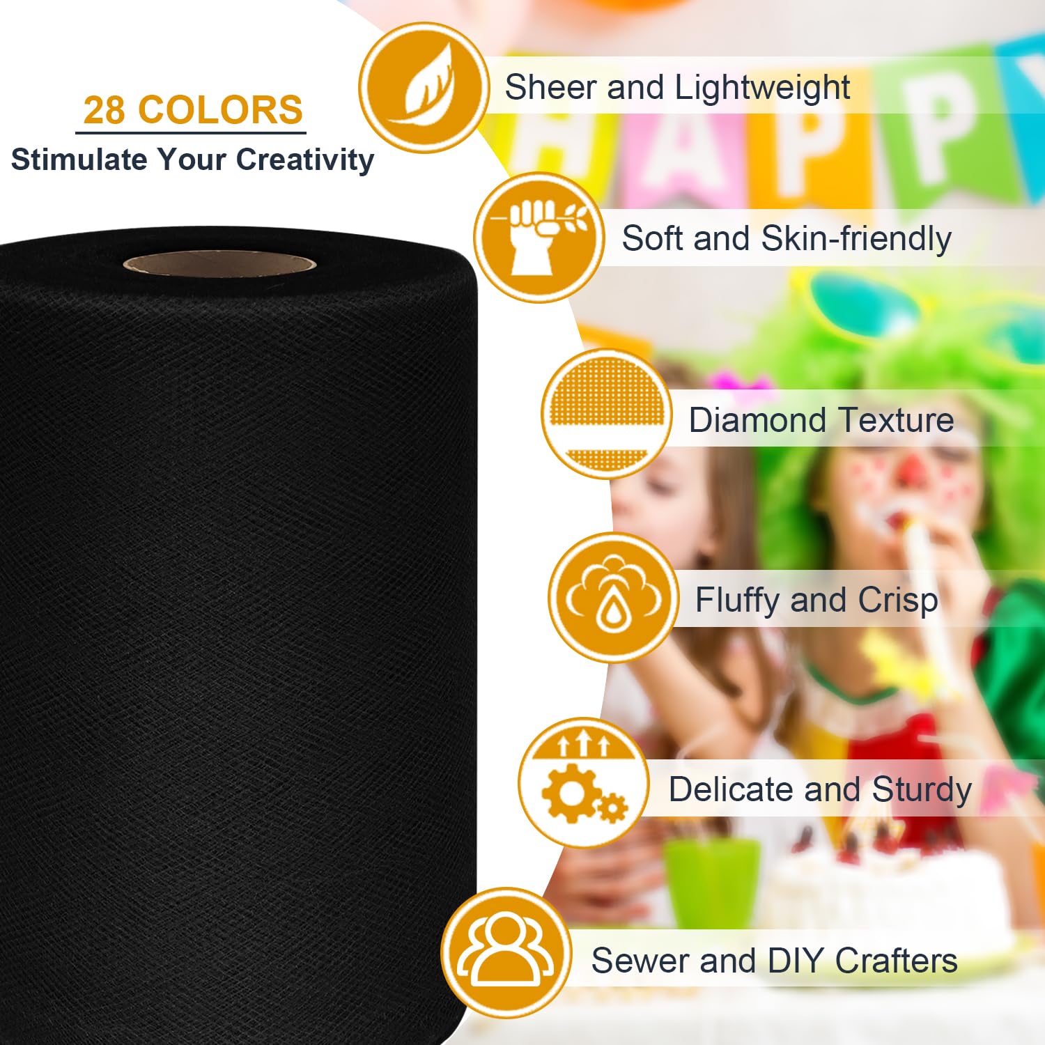 Black Tulle Fabric Roll 6 Inch by 100 Yards (300 ft) Tulle Ribbon Sheer Mesh Netting for DIY Tutu Skirt Gift Wrapping Wedding Baby Shower Birthday Halloween Party Decorations Crafts, 34 Colors (Black)