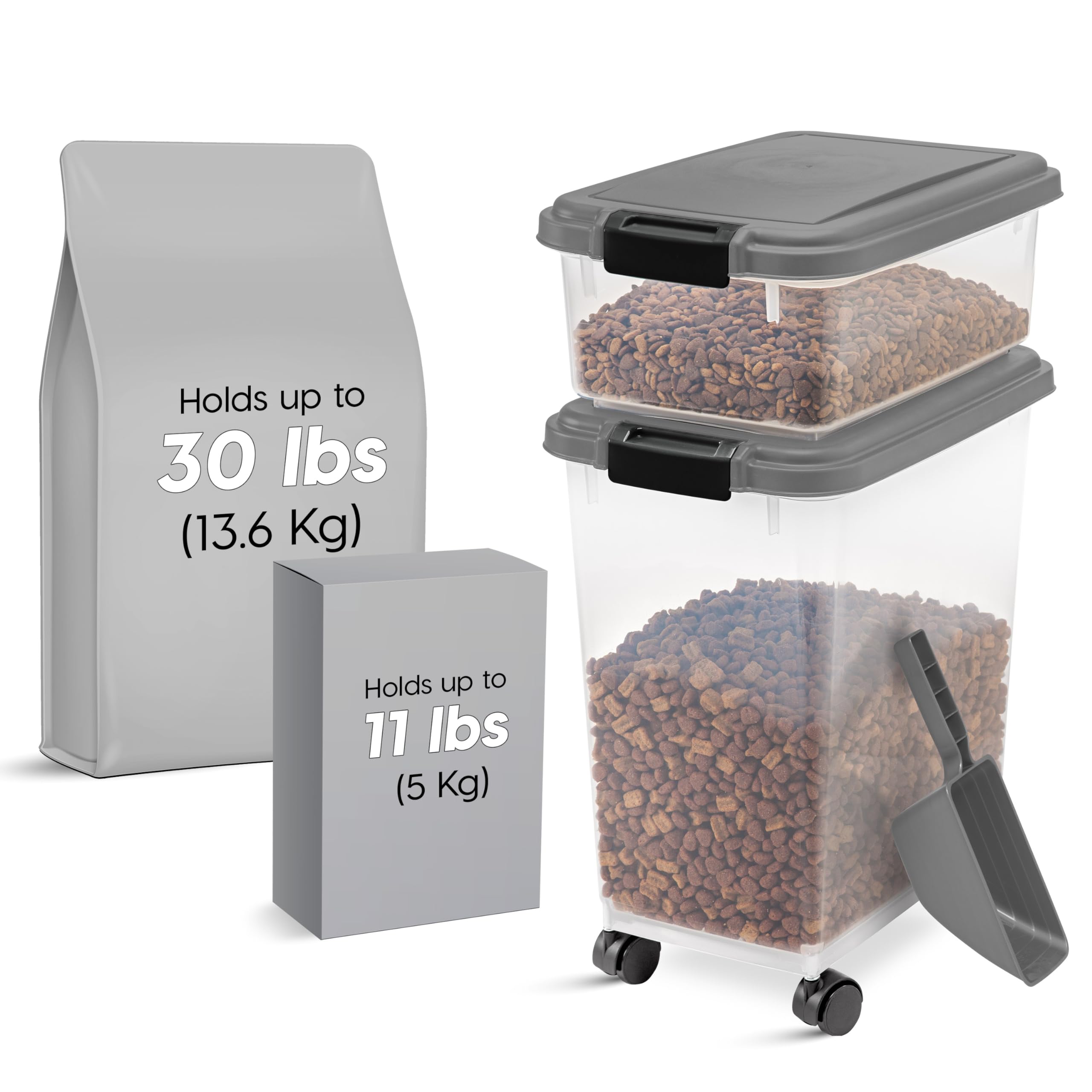 IRIS USA Storage Container, 30 lbs & 11 lbs Combo, Stackable, 2-Cup Scoop, Wheels, Easy Mobility, Gray