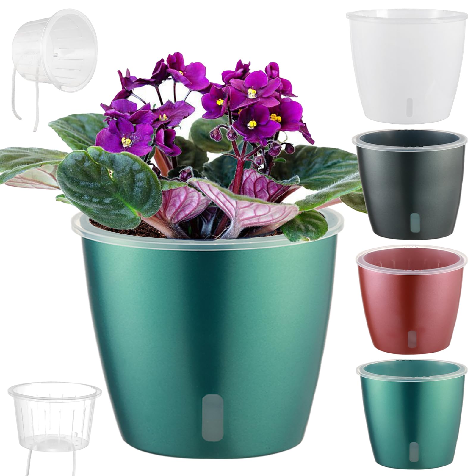 Self Watering Pots for Indoor Plants, 12-Pack 5'' Self Watering Planter with Drainage Holes, Small African Violet Pots with Water Level Indicator, Clear Wick Pot, White/Black