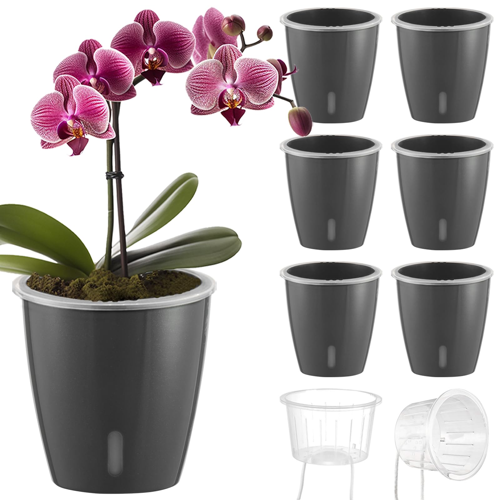 Self Watering Pots for Indoor Plants, 12-Pack 5'' Self Watering Planter with Drainage Holes, Small African Violet Pots with Water Level Indicator, Clear Wick Pot, White/Black