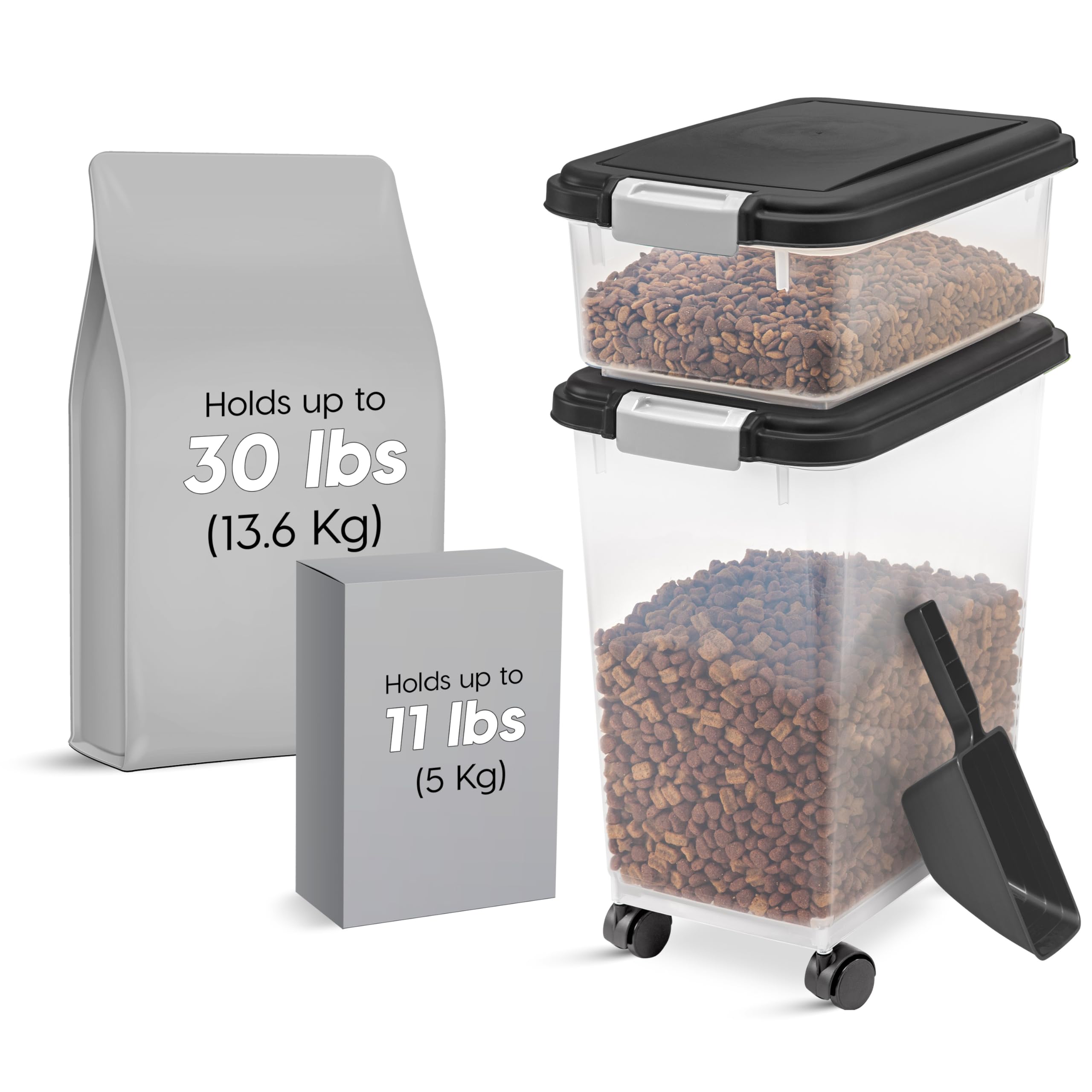IRIS USA Storage Container, 30 lbs & 11 lbs Combo, Stackable, 2-Cup Scoop, Wheels, Easy Mobility, Gray