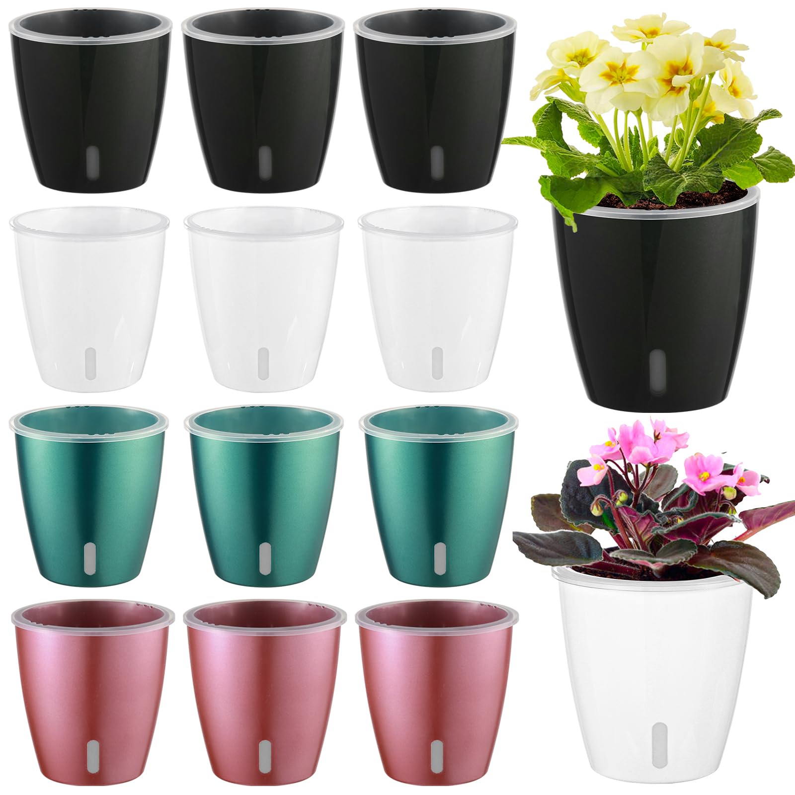 Self Watering Pots for Indoor Plants, 12-Pack 5'' Self Watering Planter with Drainage Holes, Small African Violet Pots with Water Level Indicator, Clear Wick Pot, White/Black