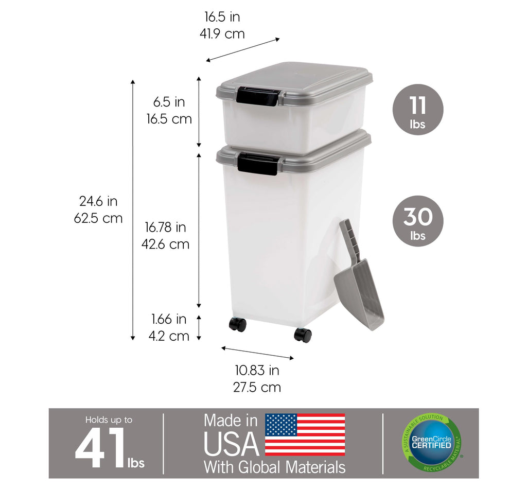 IRIS USA Storage Container, 30 lbs & 11 lbs Combo, Stackable, 2-Cup Scoop, Wheels, Easy Mobility, Gray