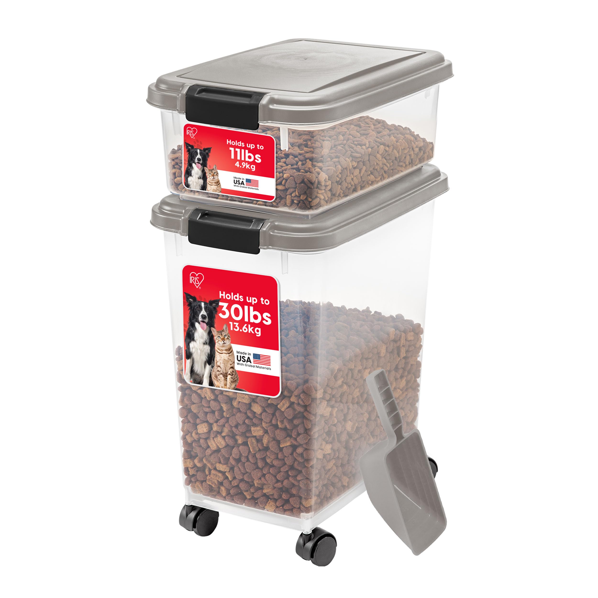 IRIS USA Storage Container, 30 lbs & 11 lbs Combo, Stackable, 2-Cup Scoop, Wheels, Easy Mobility, Gray