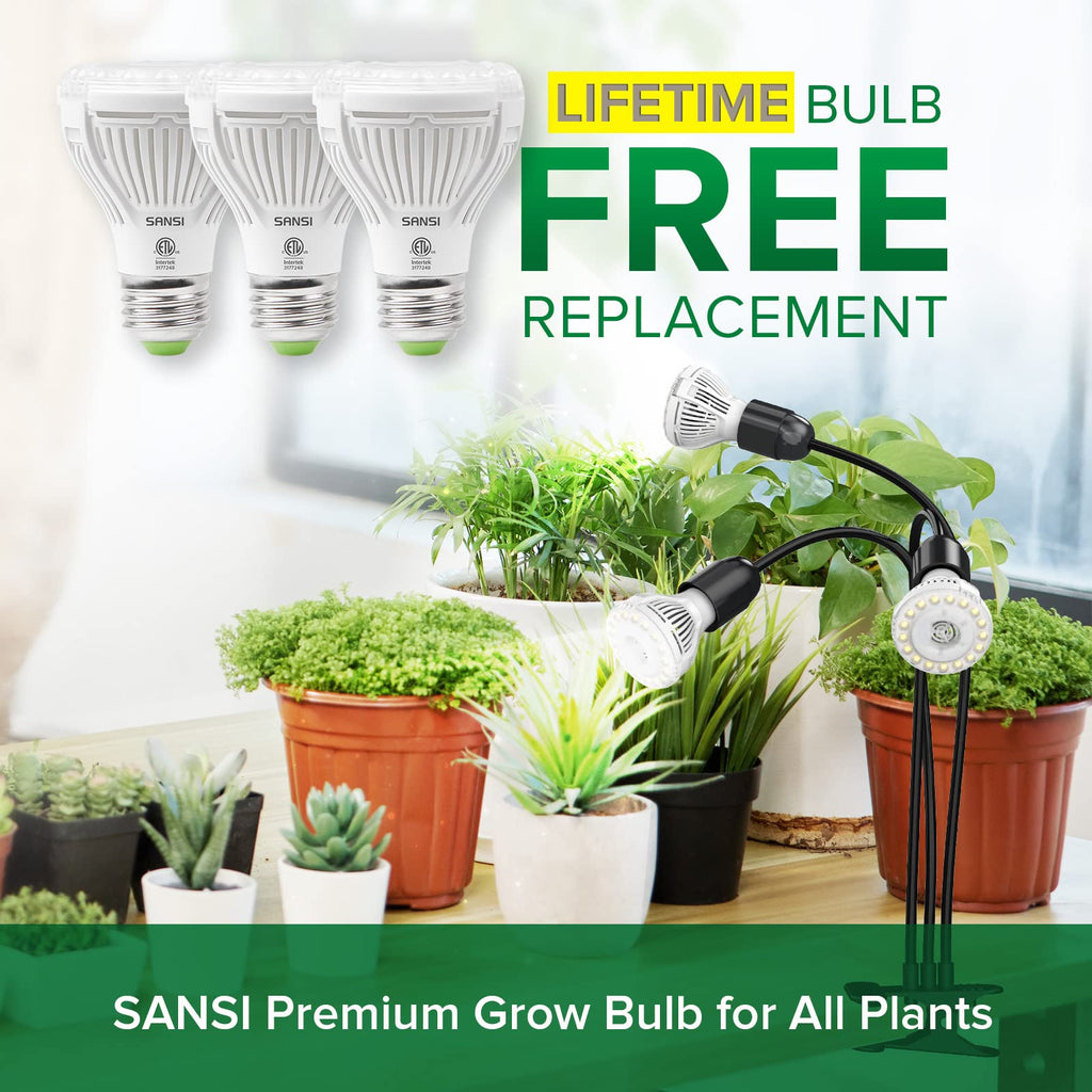 SANSI LED Grow Lights for Indoor Plants, Lifetime Free Bulb Replacement, 300W Full Spectrum Dual Gooseneck Clip Plant Grow Light, Plant Light with Timer 4/8/12 Hrs, High PPFD Growing Power Grow Lamp