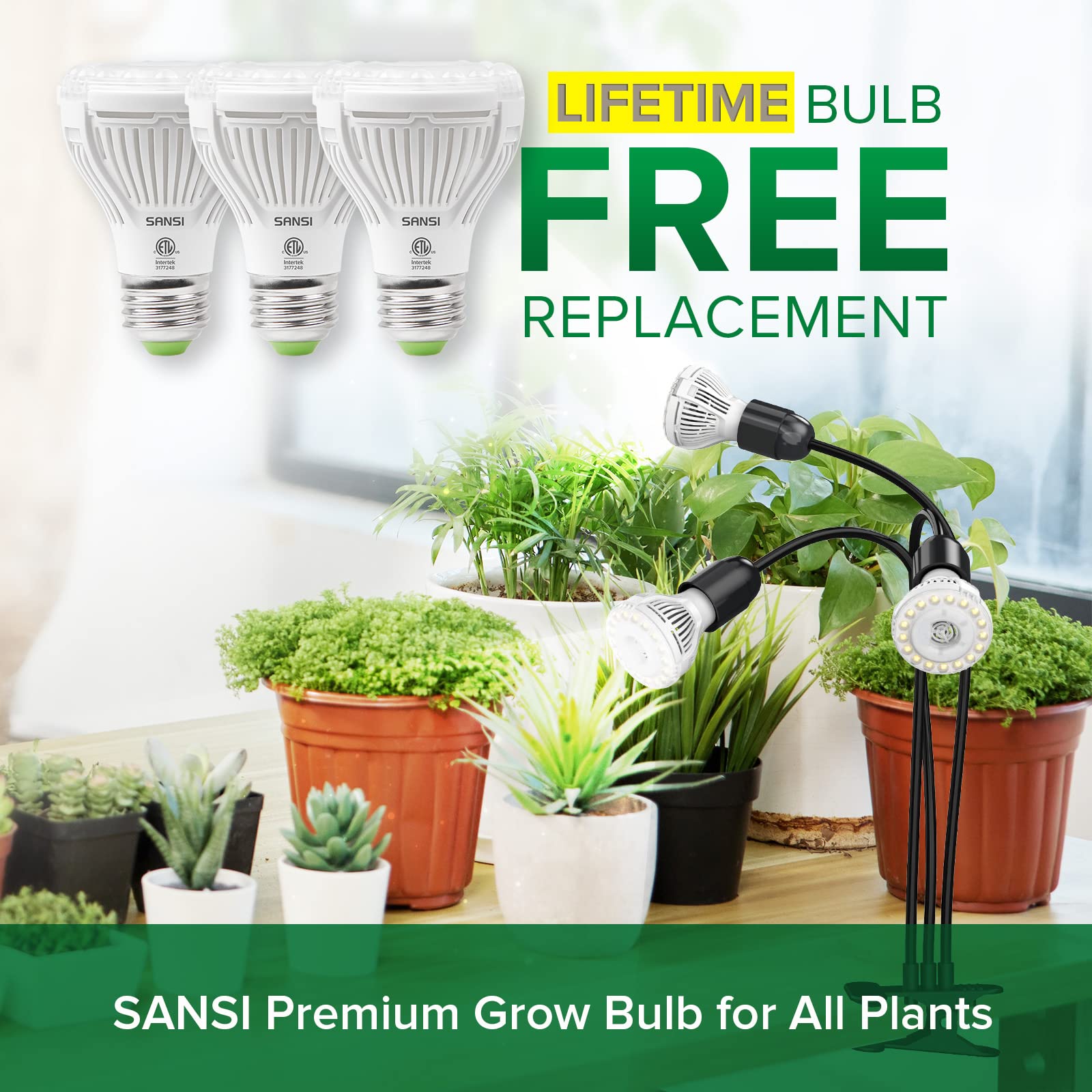 SANSI LED Grow Lights for Indoor Plants, Lifetime Free Bulb Replacement, 300W Full Spectrum Dual Gooseneck Clip Plant Grow Light, Plant Light with Timer 4/8/12 Hrs, High PPFD Growing Power Grow Lamp