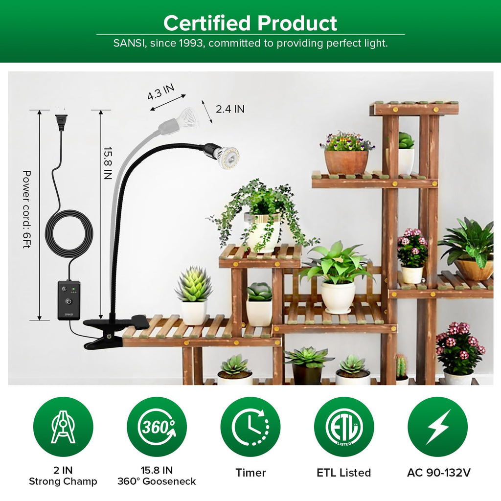 SANSI LED Grow Lights for Indoor Plants, Lifetime Free Bulb Replacement, 300W Full Spectrum Dual Gooseneck Clip Plant Grow Light, Plant Light with Timer 4/8/12 Hrs, High PPFD Growing Power Grow Lamp