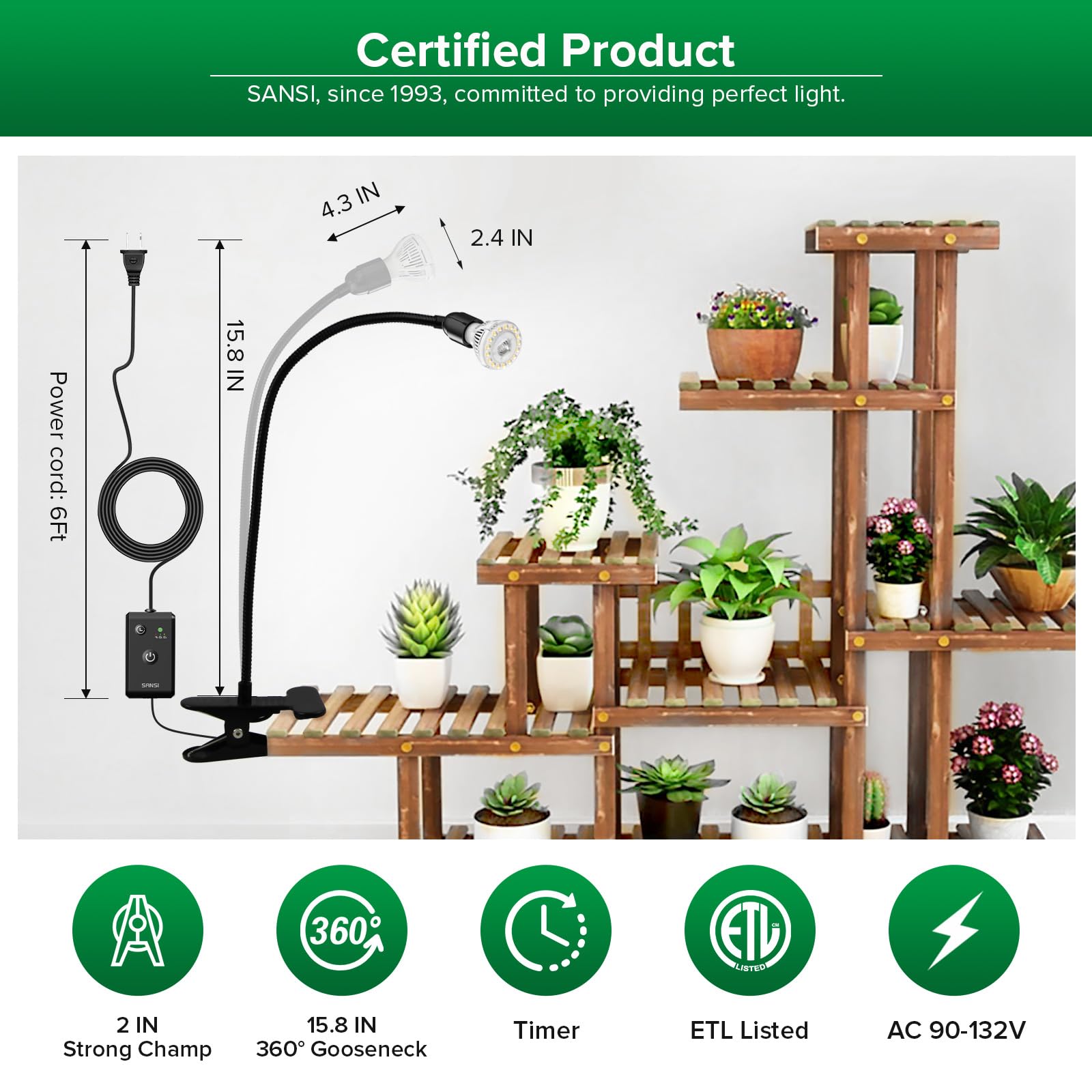 SANSI LED Grow Lights for Indoor Plants, Lifetime Free Bulb Replacement, 300W Full Spectrum Dual Gooseneck Clip Plant Grow Light, Plant Light with Timer 4/8/12 Hrs, High PPFD Growing Power Grow Lamp