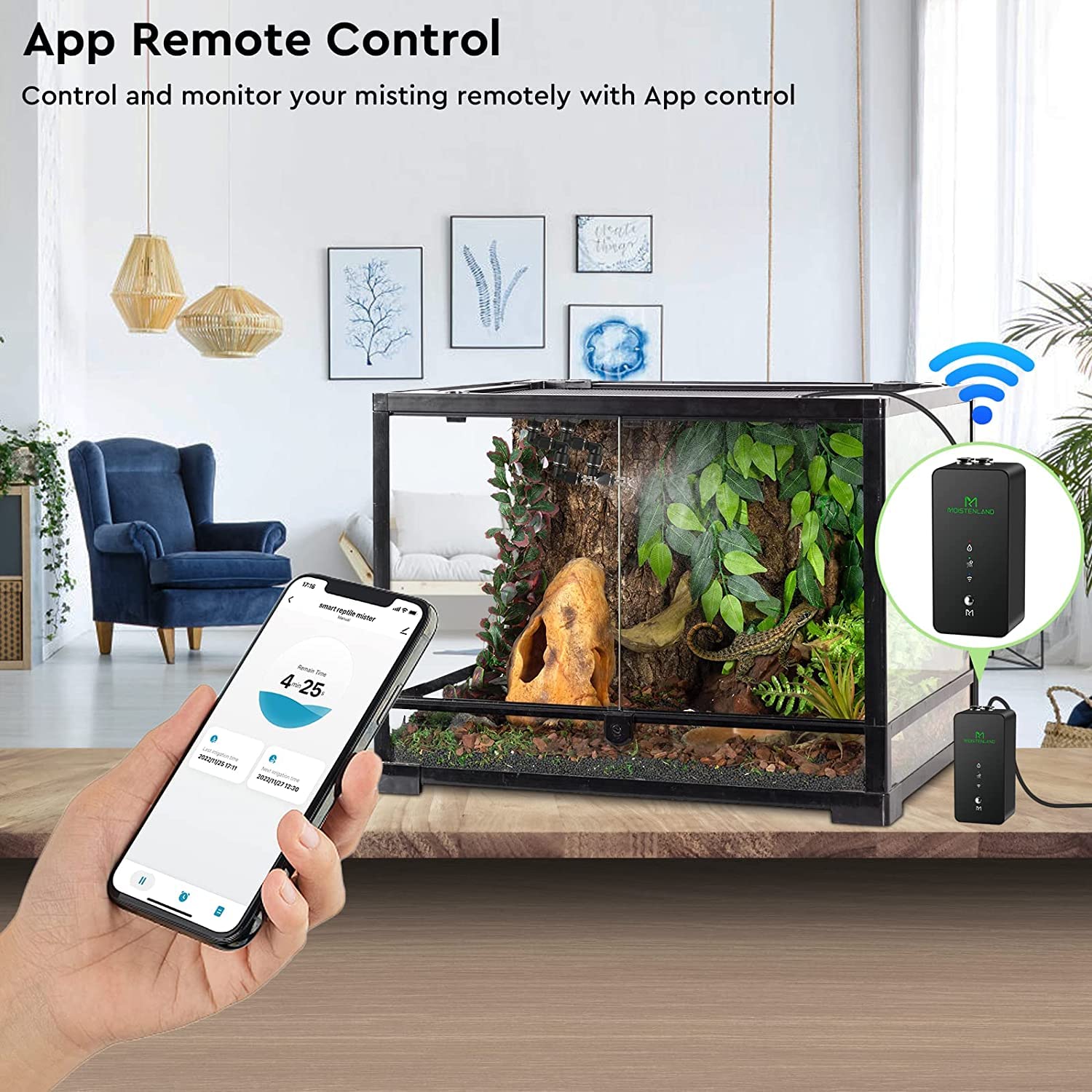 Moistenland WiFi Enabled Reptile Mister for Terrariums, Reptile Misting System for Snake Ball Python Tortoise Lizard Aquarium with 2 Adjustable Misting Nozzles