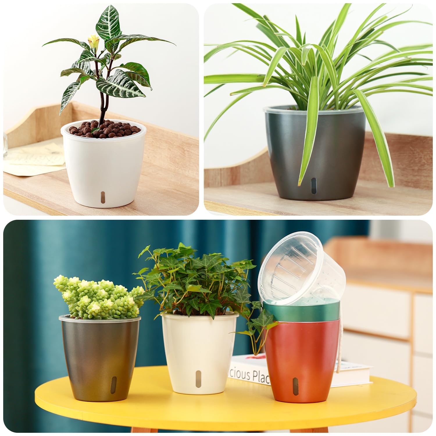 Self Watering Pots for Indoor Plants, 12-Pack 5'' Self Watering Planter with Drainage Holes, Small African Violet Pots with Water Level Indicator, Clear Wick Pot, White/Black