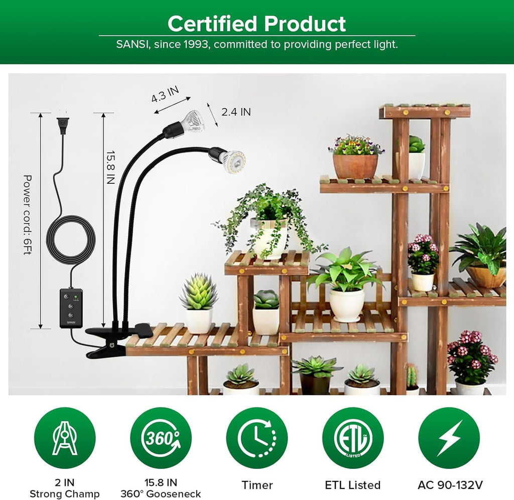 SANSI LED Grow Lights for Indoor Plants, Lifetime Free Bulb Replacement, 300W Full Spectrum Dual Gooseneck Clip Plant Grow Light, Plant Light with Timer 4/8/12 Hrs, High PPFD Growing Power Grow Lamp