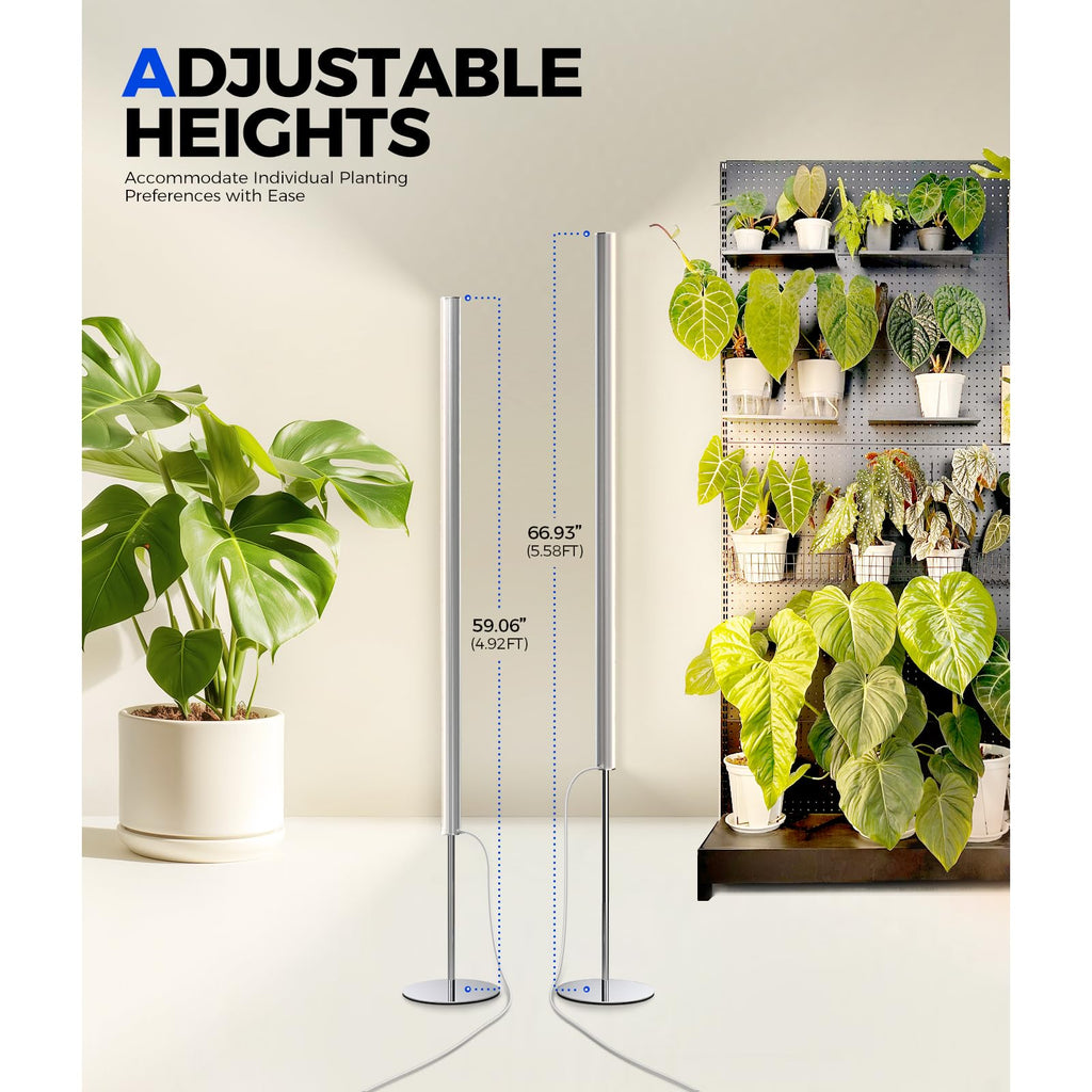 Barrina T1S Standing Grow Light for Indoor Plants with Timer, 65W 5000K High PPFD Tera Series Vertical Full Spectrum Grow Lights Adjustable Height 5FT-5.6FT, Foot Switch, Non-Glare Design, Silver