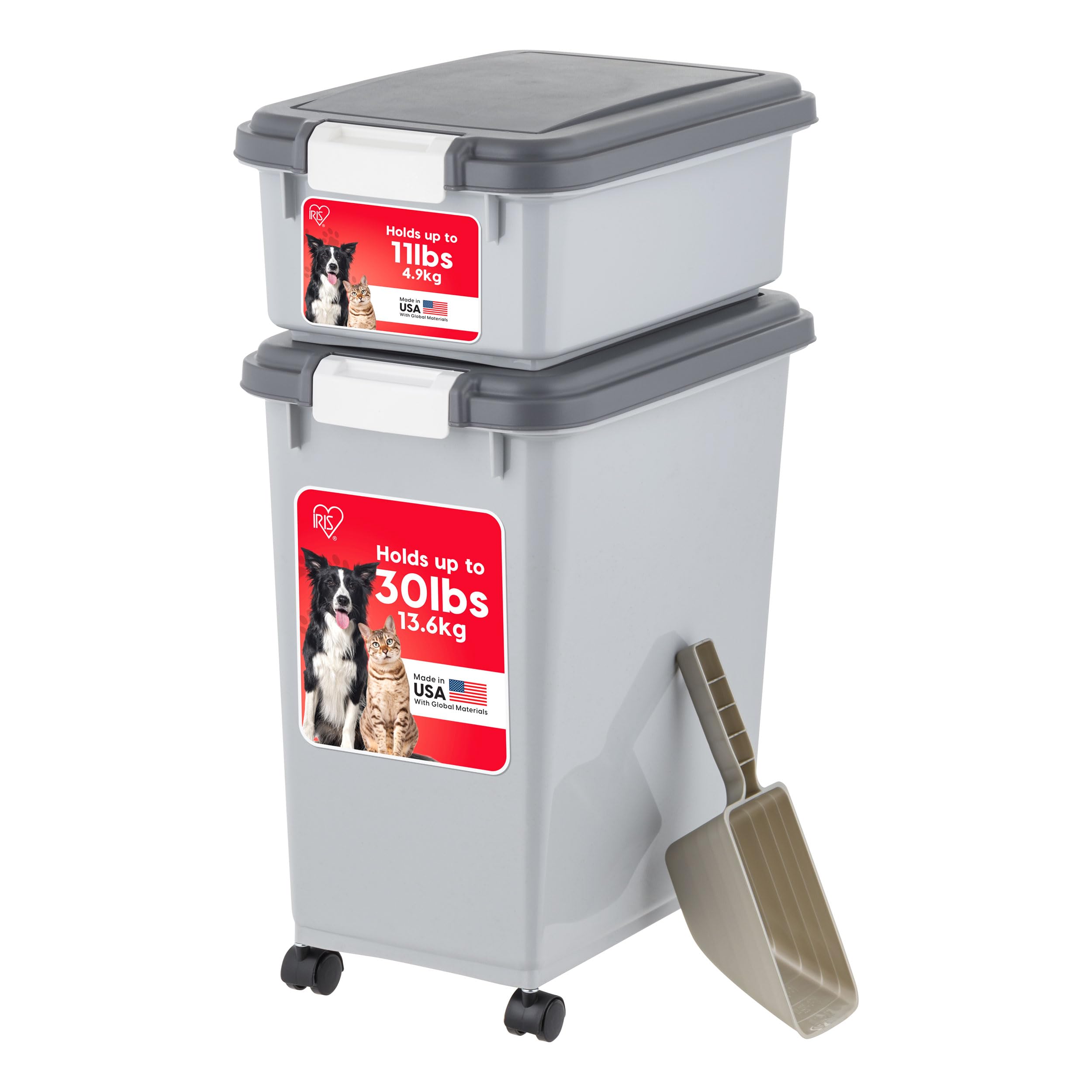 IRIS USA Storage Container, 30 lbs & 11 lbs Combo, Stackable, 2-Cup Scoop, Wheels, Easy Mobility, Gray