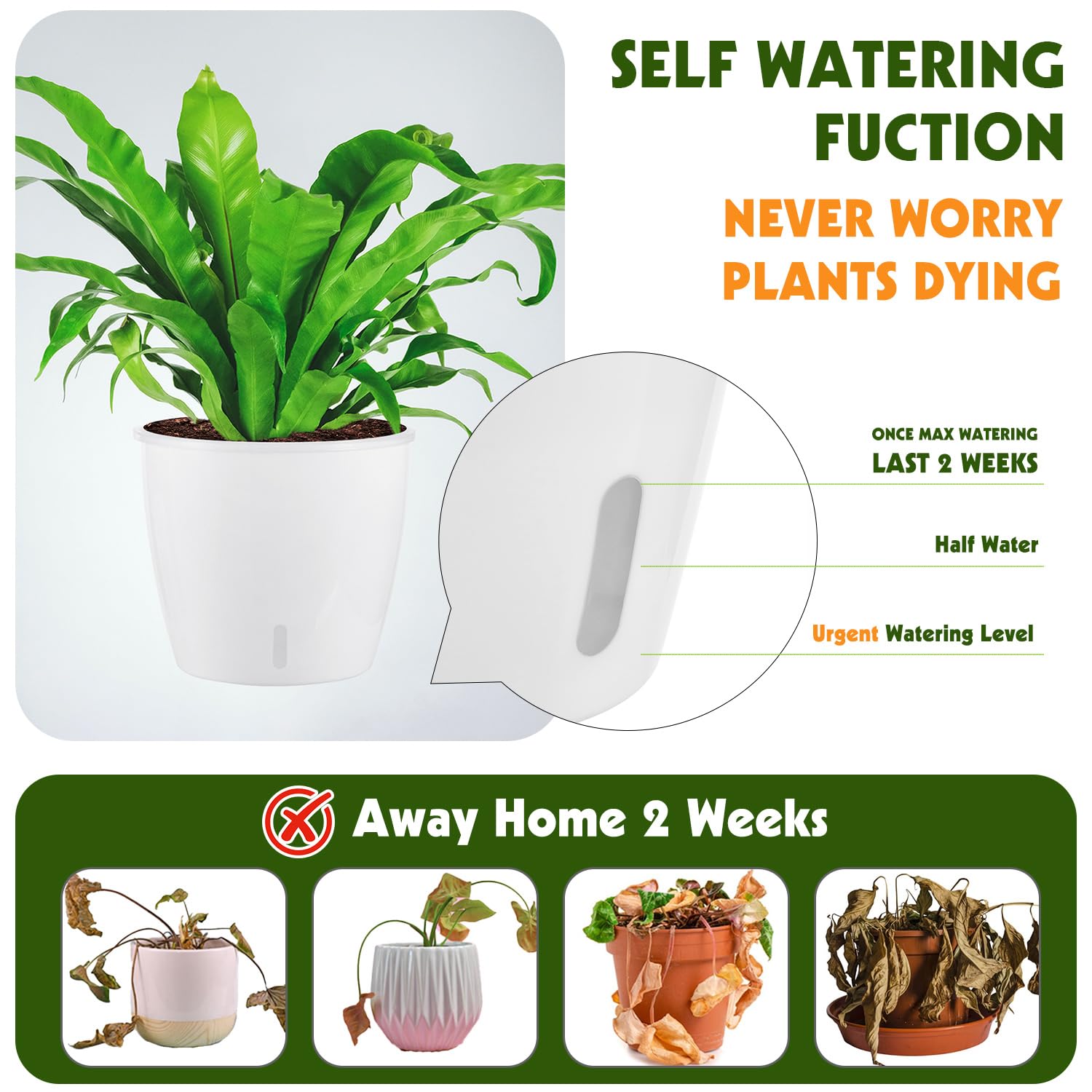 Self Watering Pots for Indoor Plants, 12-Pack 5'' Self Watering Planter with Drainage Holes, Small African Violet Pots with Water Level Indicator, Clear Wick Pot, White/Black