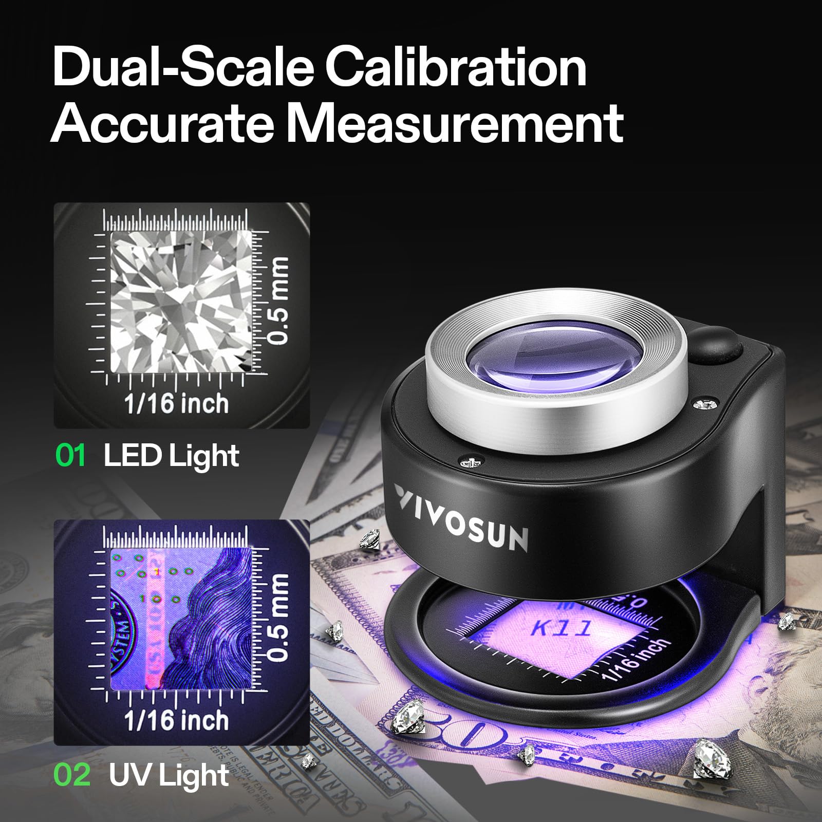 VIVOSUN 2-Pack Jewelry Loupe, 30X and 60X Foldable Magnifier UV/LED Lights, Desktop Loupe with LED & UV Lights for Jewelry, Gems, Watches, Coins, and Stamps, Black