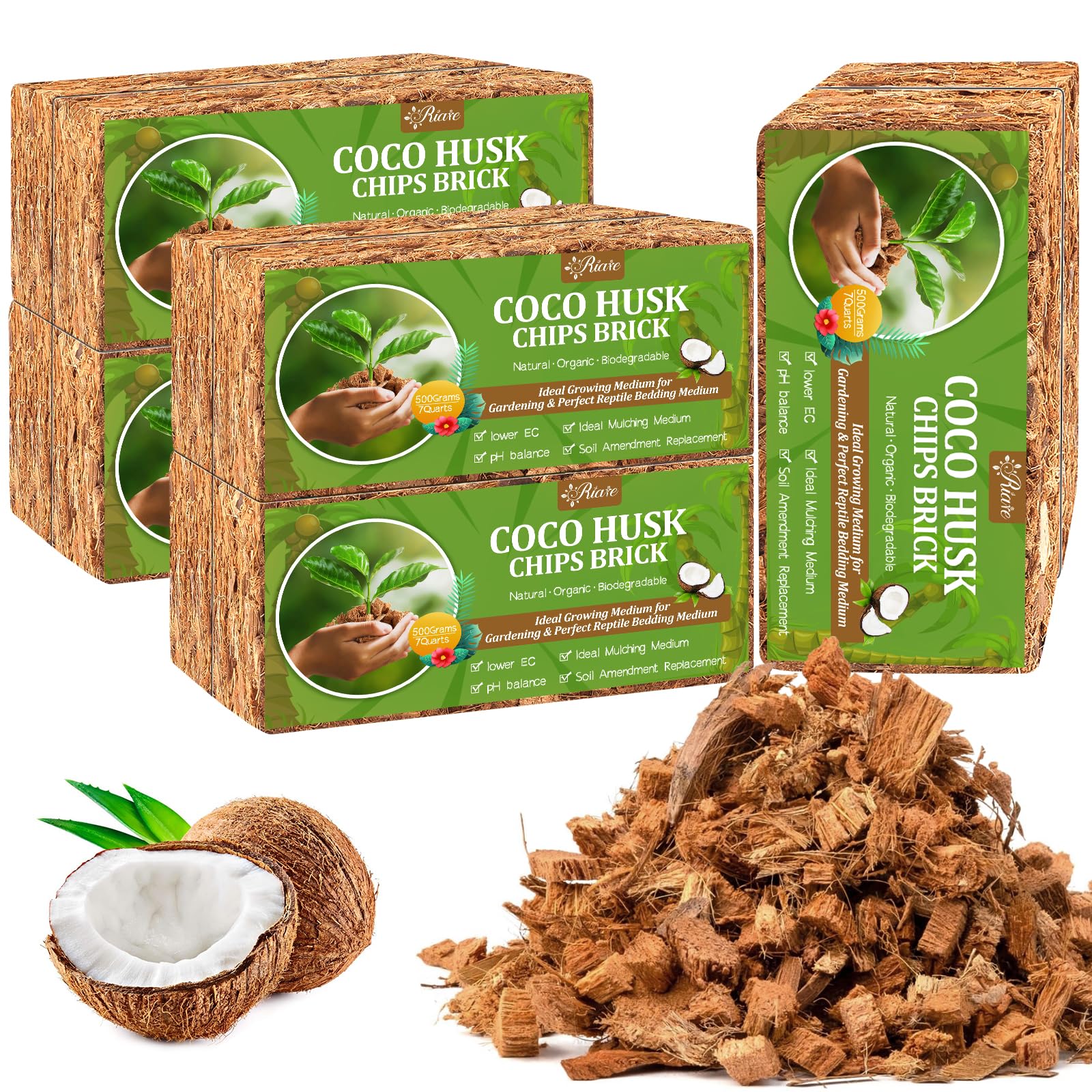 Riare 2 Pack Coco Chips Substrate for Plants- 2.2lb 100% Organic Coconut Husk Brick with Low EC and pH Balanced, High Expansion Coconut Substrate Coco Husk Mulch for Garden Flowers, Herbs, Planting