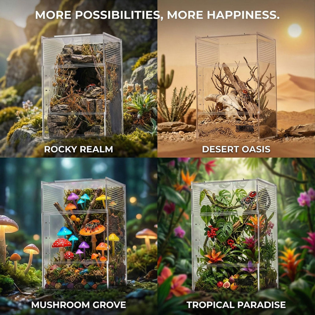 Jumping Spider Enclosure - Acrylic Terrarium Habitat for Spiders, Tarantulas, Snail, Mantis, Lizard, and Small Reptiles, Dual Magnetic Doors (6x6x9 inch)